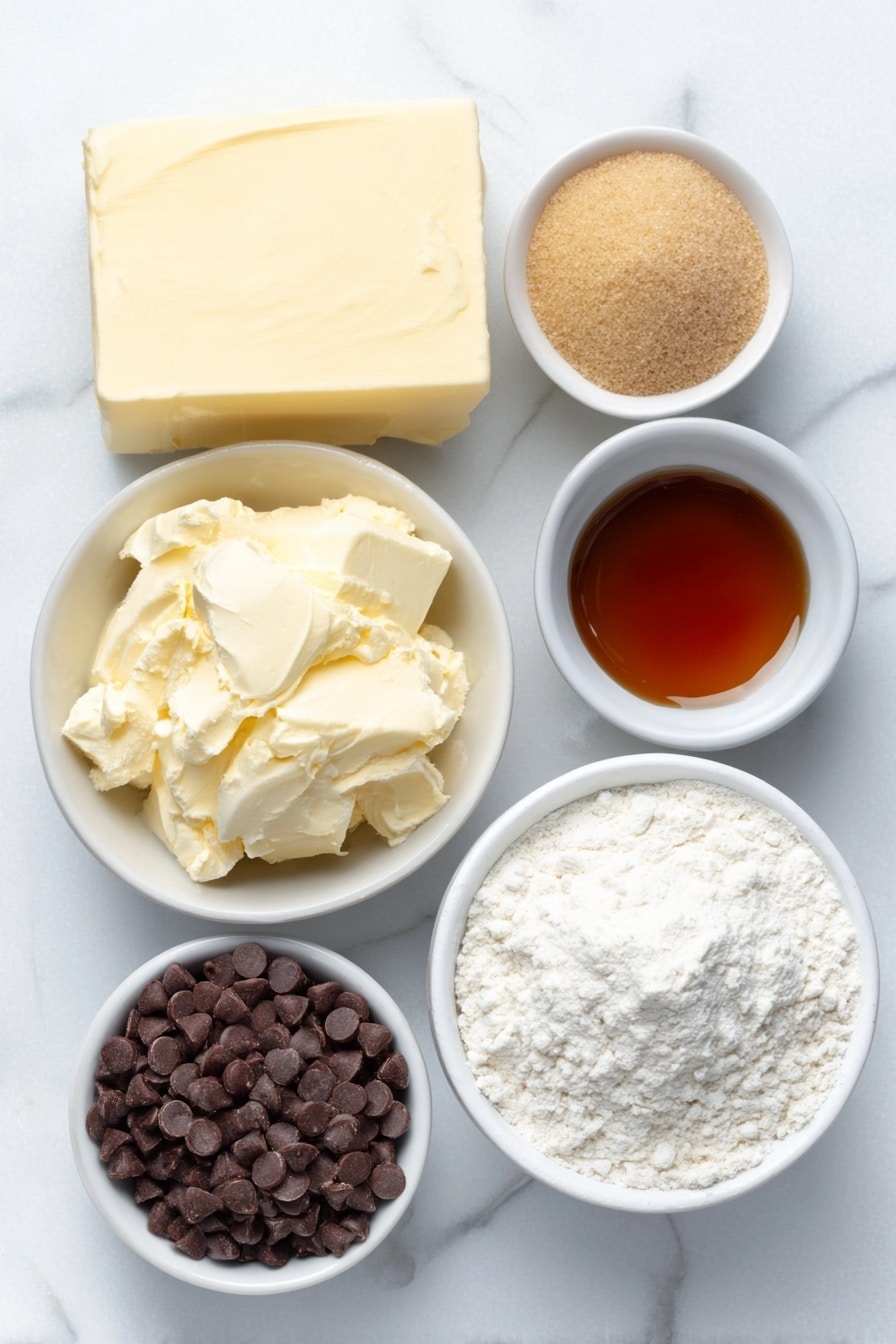 Flat lay of a small slab of unsalted butter, a small white bowl filled with packed light brown sugar, a small white bowl of fine almond flour, a small white bowl of all-purpose flour, a small white bowl of honey, a small white bowl of vanilla extract, a small white bowl brimming with semi-sweet chocolate chips, placed on a clean white marble surface, soft natural light, photo taken with an iPhone, professional food photography style, fresh ingredients, white ceramic bowls, no bottles, no duplicates, no utensils, no packaging --ar 2:3 --v 7 --p m7354615311229779997 - Almond Lace Cookies with Chocolate Filling, crispy almond lace cookies, chocolate-filled lace cookies, delicate almond cookies, homemade lace cookies