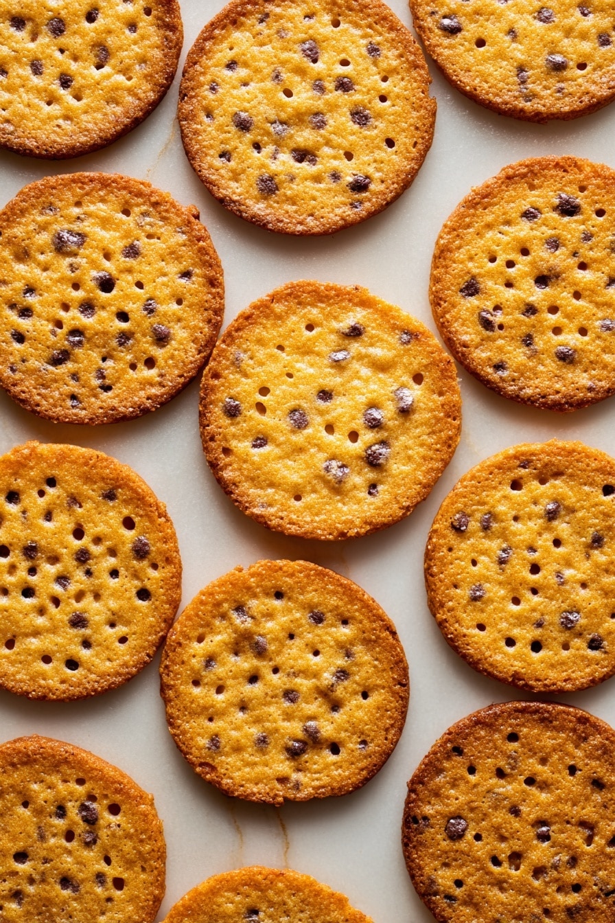 The image shows two flat, round cookie sandwiches stacked one on top of the other in the center. Each cookie sandwich has three crisp, thin golden-brown cookie layers with a slightly rough texture, and stuffed between the cookie layers is a gooey dark brown chocolate filling visible from the sides. Behind these sandwich cookies, there is a tall stack of similar plain cookies, showing many thin layers, and more cookies lie scattered on a white marbled surface. The background is softly blurred, focusing on the cookies in the front. photo taken with an iphone --ar 2:3 --v 7 - Almond Lace Cookies with Chocolate Filling, crispy almond lace cookies, chocolate-filled lace cookies, delicate almond cookies, homemade lace cookies