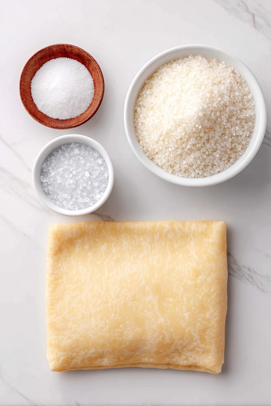 Flat lay of a sheet of pale golden puff pastry, a small white ceramic bowl filled with fine granulated white sugar, a small white ceramic bowl containing coarse sparkling white sugar crystals, placed in perfect symmetry, balanced layout, fresh and natural ingredients, no packaging --ar 2:3 --v 7 --p m7354615311229779997 placed on a clean white marble surface, soft natural light, photo taken with an iPhone, professional food photography style, fresh ingredients, white ceramic bowls, no bottles, no duplicates, no utensils, no packaging --ar 2:3 --v 7 --p m7354615311229779997 - Easy Sugar Palmiers, sugar palmiers, puff pastry desserts, caramelized pastries, simple pastry recipes