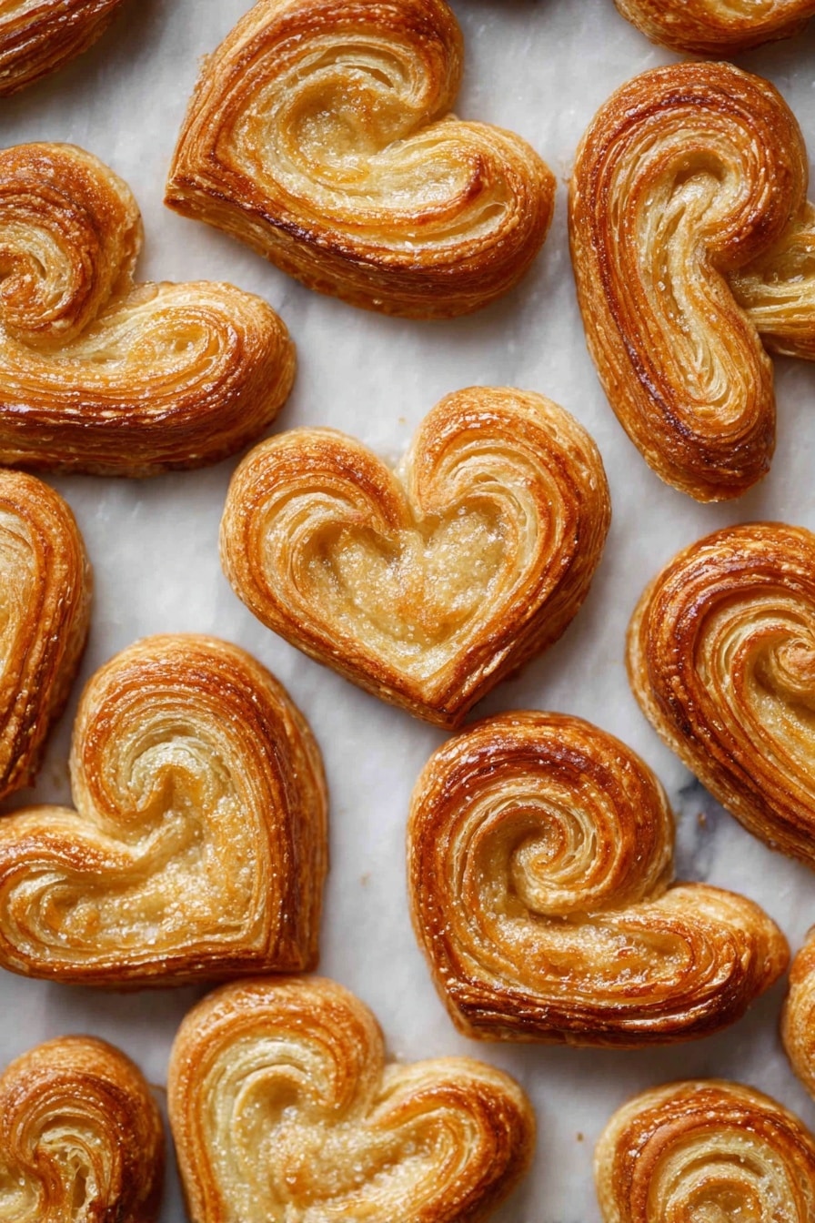A stack of seven round, golden-brown cookies is shown in the center, each with a shiny, slightly crispy surface and a layered, flaky texture visible on the edges. Around the stack, there are several more cookies scattered, lying flat on a clean white marbled surface. The cookies have a spiral pattern and a light dusting of sugar crystals that catch the light. The background remains softly blurred, keeping the focus on the warm, freshly baked cookies. photo taken with an iphone --ar 2:3 --v 7 - Easy Sugar Palmiers, sugar palmiers, puff pastry desserts, caramelized pastries, simple pastry recipes