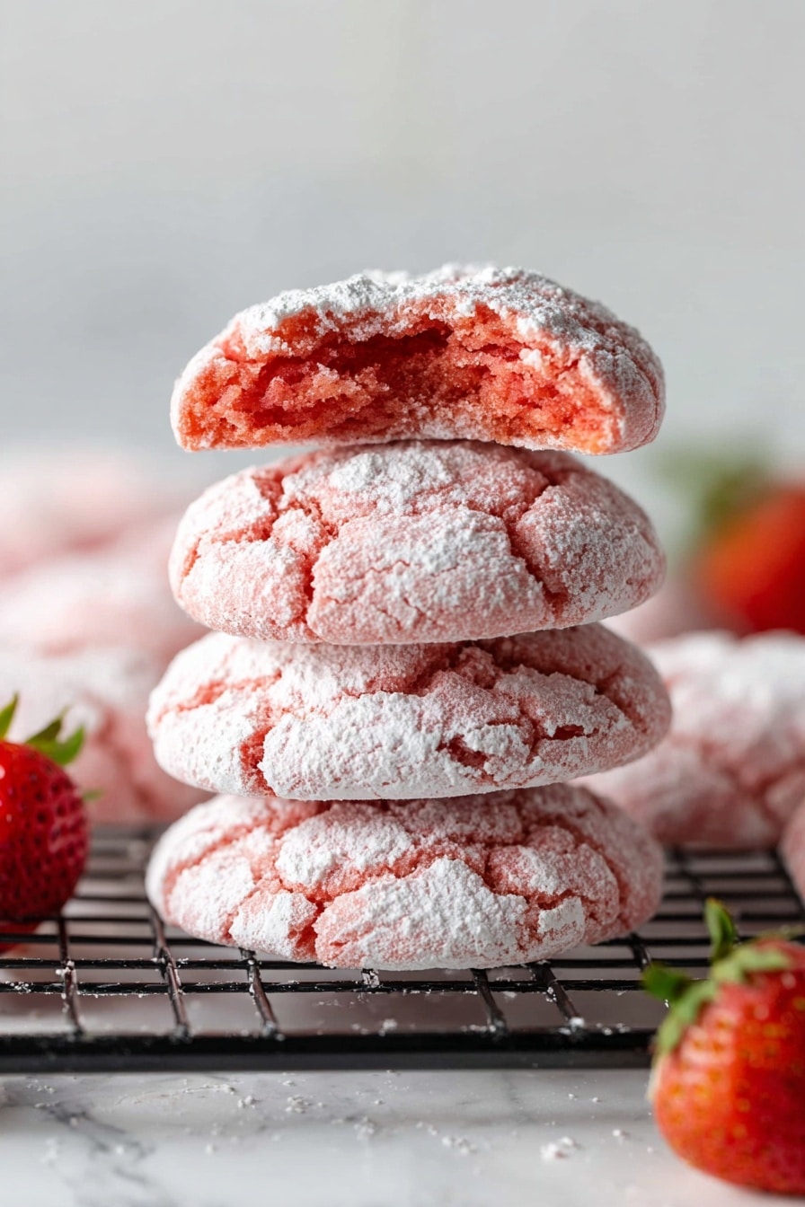 A stack of round pink cookies covered with white powdered sugar cracks sits on a metal cooling rack over a white marbled texture surface. The cookies have a textured, cracked surface with bright pink inside, shown by a cookie broken in half and placed near the top. Around the rack, fresh red strawberries, some whole and some sliced in half, add color contrast. A soft pink cloth is partly visible in the top left corner. The whole scene is bright and clear, focusing on the sweet cookies and fresh strawberries. photo taken with an iphone --ar 2:3 --v 7 - Strawberry Crinkle Cookies, strawberry cookie recipe, easy strawberry cookies, no-bake strawberry treats, soft chewy strawberry cookies