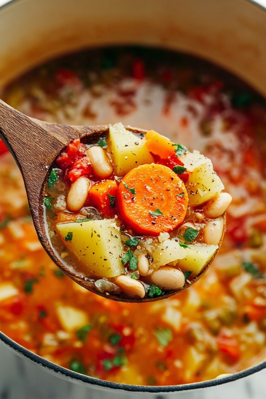 A wooden spoon lifts a scoop of vegetable soup above a white pot on a white marbled surface. The spoon holds three clear layers: bright orange carrot slices with a soft texture at the top, pale yellow potato chunks mixed with a few textured white beans in the middle, and small red tomato pieces with green parsley bits scattered throughout on the bottom. In the background, the pot shows a rich broth filled with the same colorful vegetables and beans, all topped lightly with black pepper and chopped green herbs. Photo taken with an iphone --ar 2:3 --v 7 - Easy Bean Stew, hearty bean stew recipe, simple comfort food, easy wholesome dinner, best bean stew