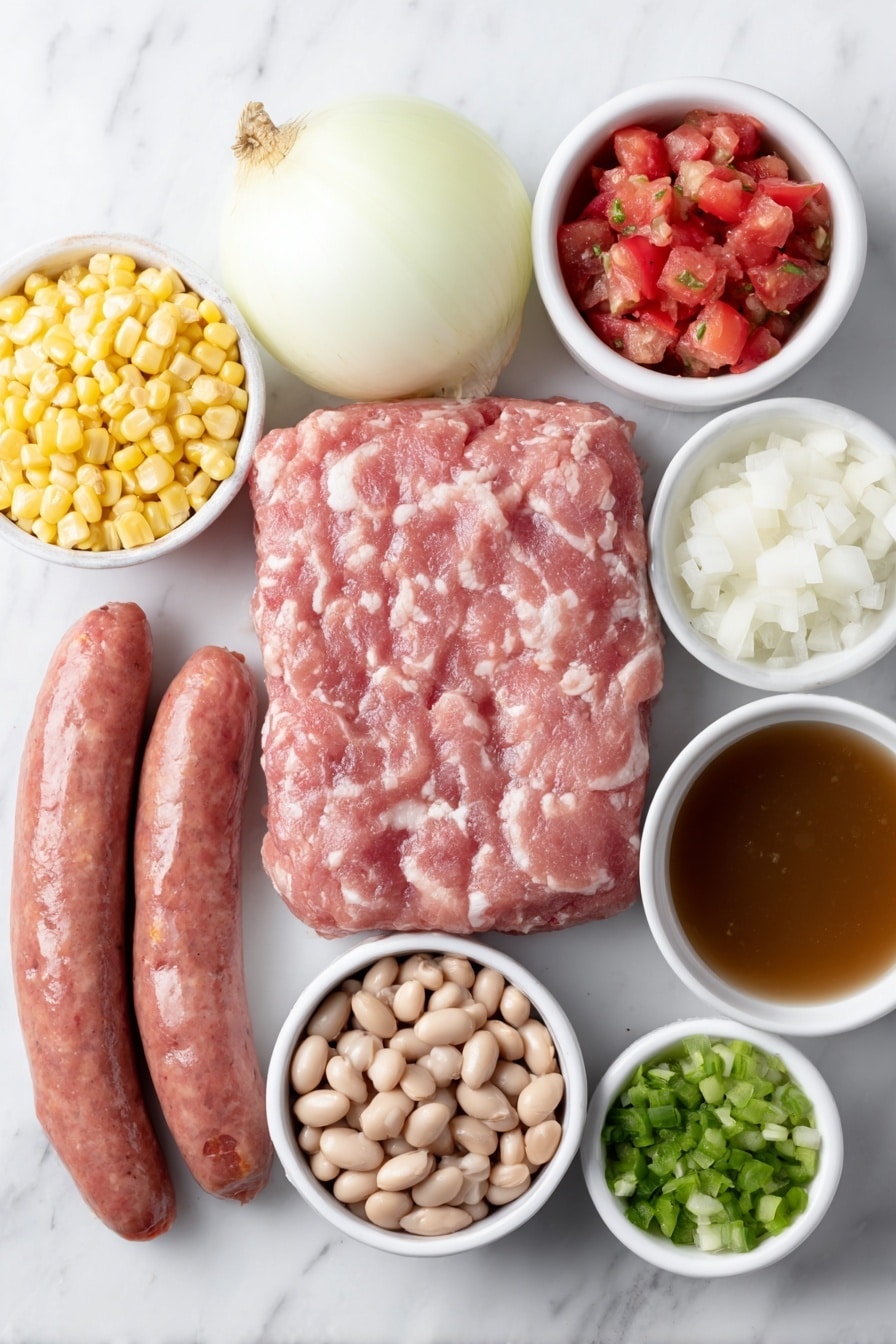 Flat lay of six uncooked bacon slices, one pound raw lean ground beef formed in a loose mound, about half a large yellow onion diced finely, two whole garlic cloves peeled, sliced rounds of smoked sausage, a small white ceramic bowl filled with diced fresh red tomatoes with seeds and juice, a small white ceramic bowl of rinsed pinto beans, a small white ceramic bowl of rinsed black beans, a small white ceramic bowl with diced tomatoes mixed with chopped green chiles, a small white ceramic bowl of bright yellow whole kernel corn, three medium peeled and diced Yukon Gold potatoes, a small white ceramic bowl of rich beef broth, and small white ceramic bowls containing ground cumin and chili powder side by side, neatly arranged in perfect symmetry, placed on a clean white marble surface, soft natural light, photo taken with an iPhone, professional food photography style, fresh ingredients, white ceramic bowls, no bottles, no duplicates, no utensils, no packaging --ar 2:3 --v 7 --p m7354615311229779997 - Hearty Texas Cowboy Stew, Texas Cowboy Stew, hearty stew recipes, smoky beef sausage stew, comforting Texas stew