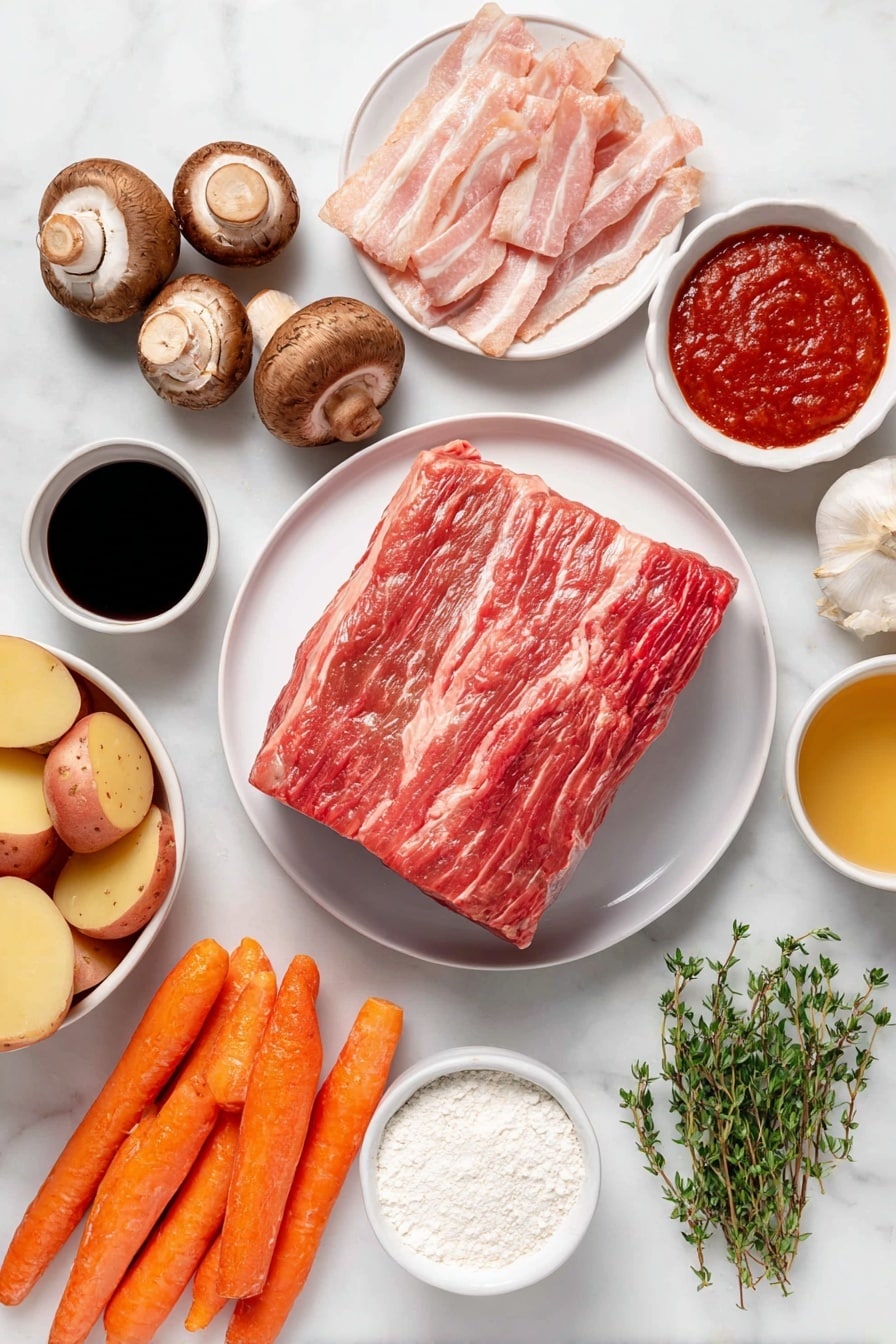 Flat lay of thick cubes of raw boneless beef chuck, five slices of raw diced bacon, five medium sliced fresh carrots, a pound of tri-color baby potatoes, eight ounces of sliced fresh brown mushrooms, three whole uncracked garlic cloves, a small bunch of fresh thyme sprigs, a small bunch of fresh chopped parsley, a small white bowl of deep red cooking wine, a small white bowl of golden chicken broth, a small white bowl of rich red tomato sauce, a small white bowl of dark soy sauce, a small white bowl of white flour all arranged in perfect symmetry on a simple white ceramic plate and bowls placed on a clean white marble surface, soft natural light, photo taken with an iPhone, professional food photography style, fresh ingredients, white ceramic bowls, no bottles, no duplicates, no utensils, no packaging --ar 2:3 --v 7 --p m7354615311229779997 - Slow Cooker Beef Bourguignon, beef bourguignon, hearty beef stew, easy slow cooker dinner, French beef stew
