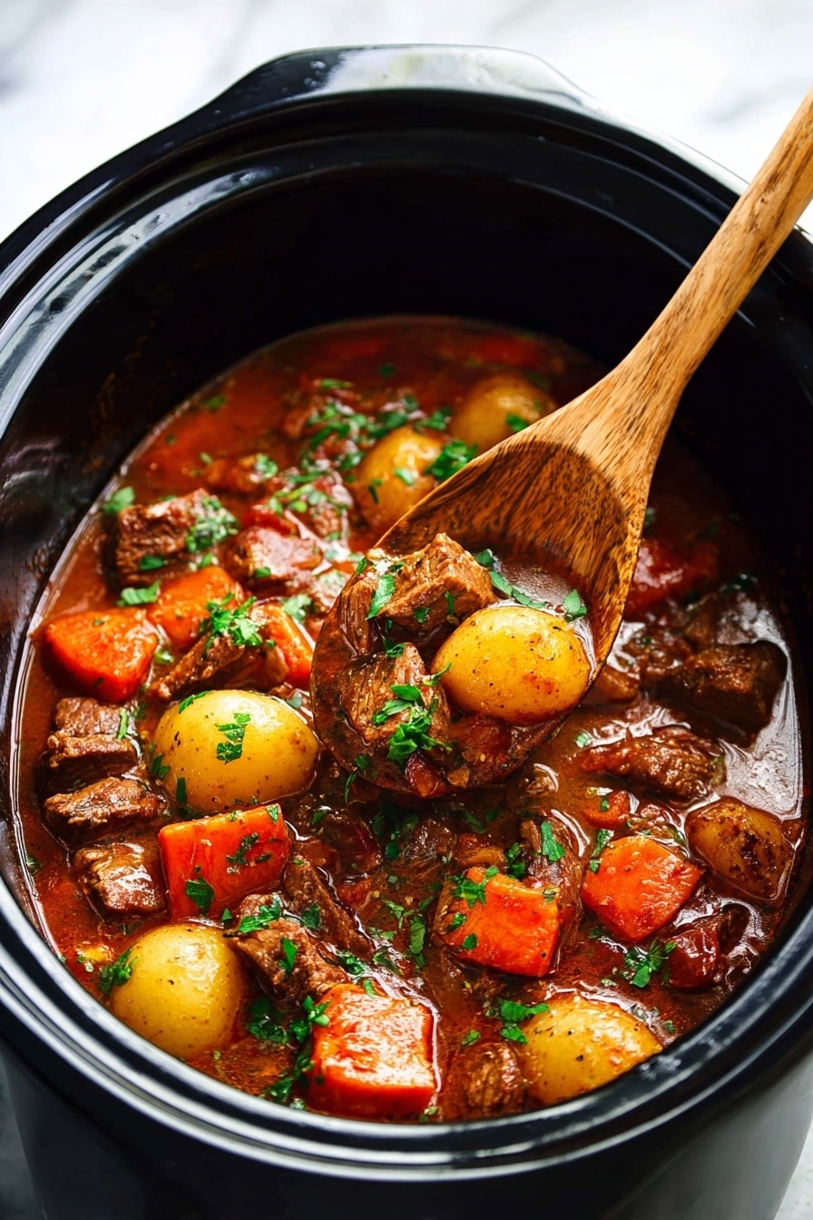 The image shows a close-up of a slow cooker filled with a rich stew. The stew has several layers: large chunks of orange carrots, round yellow potatoes, and dark brown pieces of meat mixed in a thick reddish-brown sauce. Bright green chopped herbs are sprinkled on top, adding a touch of color. A wooden spoon is partly dipped into the stew, lifting a mix of ingredients. The slow cooker itself is black, sitting on a white marbled surface photo taken with an iphone --ar 2:3 --v 7 - Slow Cooker Beef Bourguignon, beef bourguignon, hearty beef stew, easy slow cooker dinner, French beef stew