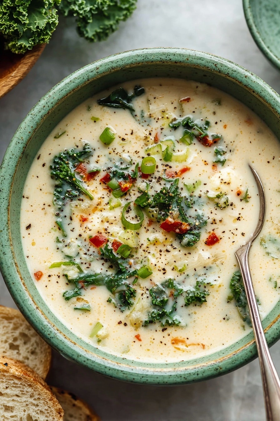 A close-up view of a thick creamy soup in a white pot with a metal ladle lifting a portion. The soup is pale yellow with small pieces of green leafy vegetables and chopped green onions mixed in. There are also bits of reddish-brown crispy pieces scattered throughout. The surface of the soup is lightly speckled with black pepper, adding texture and color contrast. The soup looks smooth and rich, with the colorful bits evenly distributed throughout. Photo taken with an iphone --ar 2:3 --v 7 - Colcannon Soup with Potatoes and Kale, Irish comfort food recipes, hearty vegetable soup, healthy potato soup ideas, easy homemade Irish soup