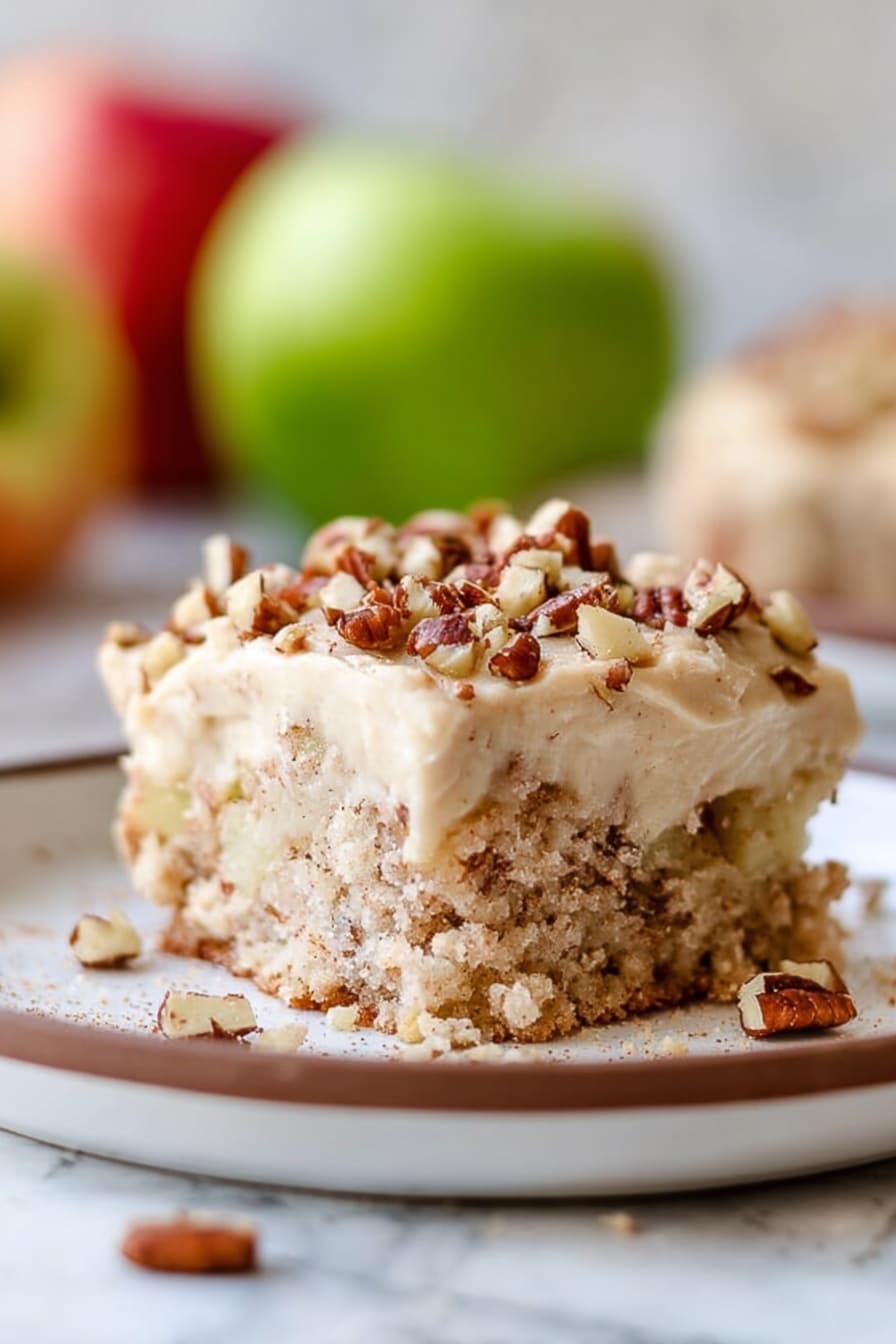 The image shows a close-up of a piece of cake held by a woman's hand with a gold fork over a white plate with brown speckles. The cake is crumbly with a light brown color and visible chunks of nuts or fruit inside. On top of the cake is a thick layer of pale cream frosting with small nut pieces sprinkled throughout. Surrounding the cake on the plate are some crumbs and scattered nut pieces. The background features a white marbled texture. photo taken with an iphone --ar 2:3 --v 7 - Apple Pecan Spice Cake with Brown Sugar Frosting, apple pecan spice cake, fall spiced cake recipe, cozy apple dessert, brown sugar frosting cake