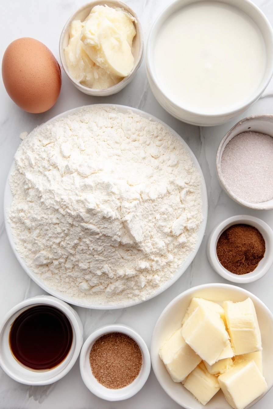 Flat lay of a small mound of all-purpose flour on a simple white ceramic plate, two teaspoons of baking powder and a dash of salt in separate small white ceramic bowls, a whole large egg with a clean shell, a small white ceramic bowl of whole milk, another small white bowl holding vegetable oil, a small white bowl with granulated sugar, a small white bowl of vanilla extract, two peeled and diced Granny Smith apples on a white ceramic plate, a small white bowl with brown sugar, a small white bowl with ground cinnamon, a small white bowl with unsalted butter melted, all arranged symmetrically and balanced placed on a clean white marble surface, soft natural light, photo taken with an iPhone, professional food photography style, fresh ingredients, white ceramic bowls, no bottles, no duplicates, no utensils, no packaging --ar 2:3 --v 7 --p m7354615311229779997 - Apple Crumb Muffins, apple crumb muffins recipe, easy apple muffin ideas, cinnamon apple muffins, homemade apple muffins