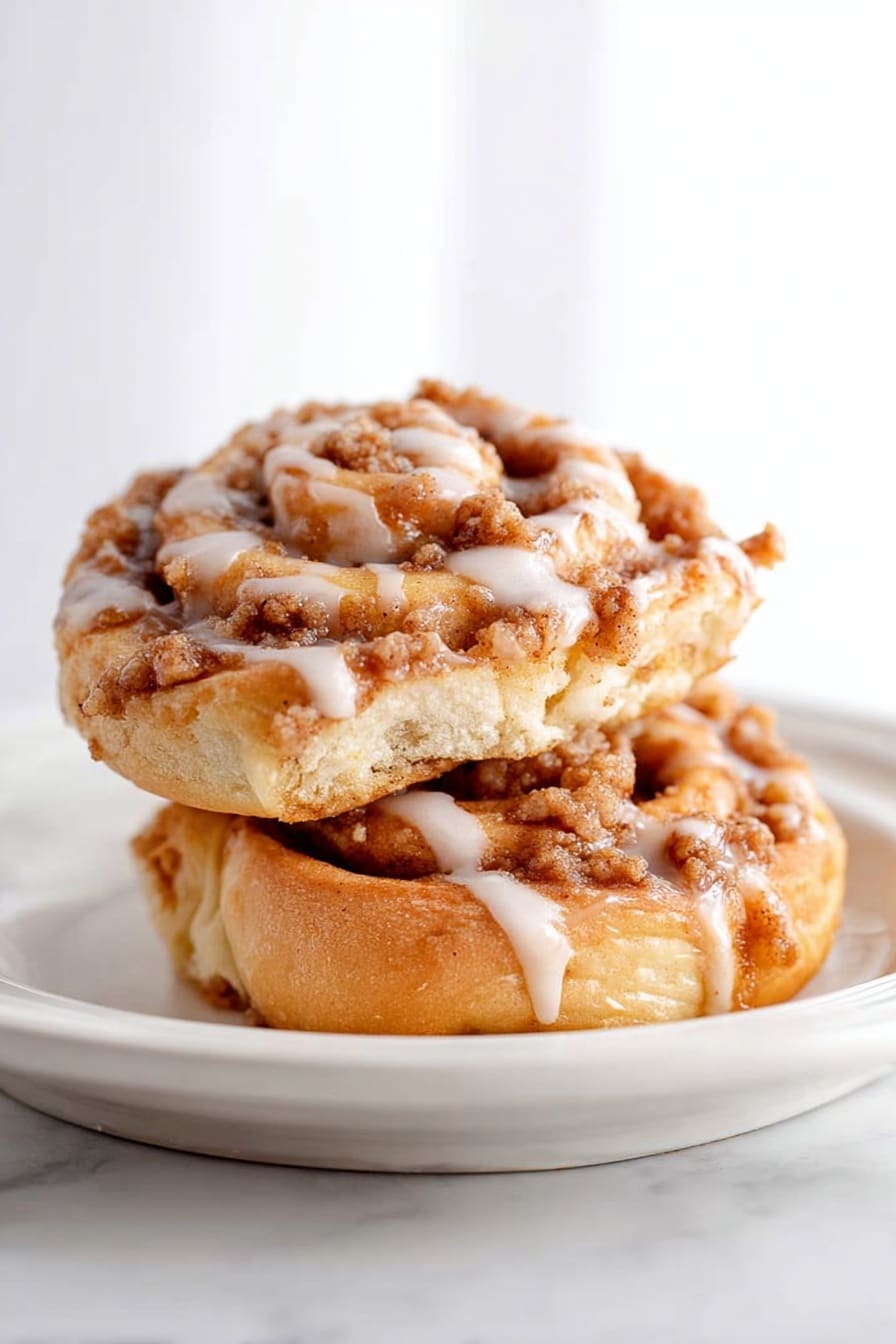 Six round pastries are placed on a white marbled surface, each with a flaky, golden-brown base layer. On top of the base is a light brown filling made from small chunks that look soft and caramelized. Over this filling, there is a crumbly topping that is darker brown and textured, adding crunch. Each pastry is drizzled with white icing in irregular thin lines that contrast with the warm colors beneath. The pastries are scattered with some crumbs and a few small drips of dark syrup on the background, giving a fresh-baked feel. photo taken with an iphone --ar 2:3 --v 7 - Apple Danish Pastry with Cinnamon Crumb, flaky apple pastry, cinnamon apple dessert, breakfast Danish pastry, easy apple pastry recipe