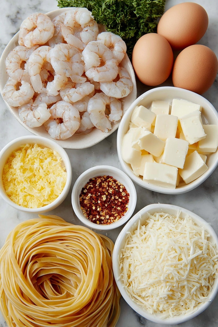 Flat lay of dry linguine pasta neatly coiled, a handful of large raw shrimp with shells off, a few whole brown garlic cloves unpeeled, a small white ceramic bowl filled with heavy cream, a small white bowl with bright yellow lemon zest, a tiny white bowl holding red pepper flakes, several pale yellow butter cubes, a small white bowl heaped with finely shredded parmesan cheese, a small white bowl of fresh lemon juice, a couple of whole uncracked brown eggs, and a few sprigs of fresh green parsley, all arranged with perfect symmetry on a clean white marble surface, soft natural light, photo taken with an iPhone, professional food photography style, fresh ingredients, white ceramic bowls, no bottles, no duplicates, no utensils, no packaging --ar 2:3 --v 7 --p m7354615311229779997 - Creamy Lemon Shrimp Pasta, lemon shrimp pasta, creamy seafood pasta, quick shrimp pasta recipe, easy lemon pasta
