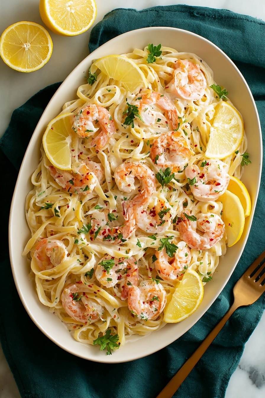 A close-up view of a white bowl filled with creamy fettuccine pasta mixed with orange-pink cooked shrimp. The pasta is coated in a light, creamy sauce with a smooth, slightly shiny texture. Bright green parsley leaves are scattered on top along with small red chili flakes and black pepper specks. Slices of yellow lemon wedges sit on the pasta, adding a fresh pop of color. The background shows a white marbled surface. photo taken with an iphone --ar 2:3 --v 7 - Creamy Lemon Shrimp Pasta, lemon shrimp pasta, creamy seafood pasta, quick shrimp pasta recipe, easy lemon pasta