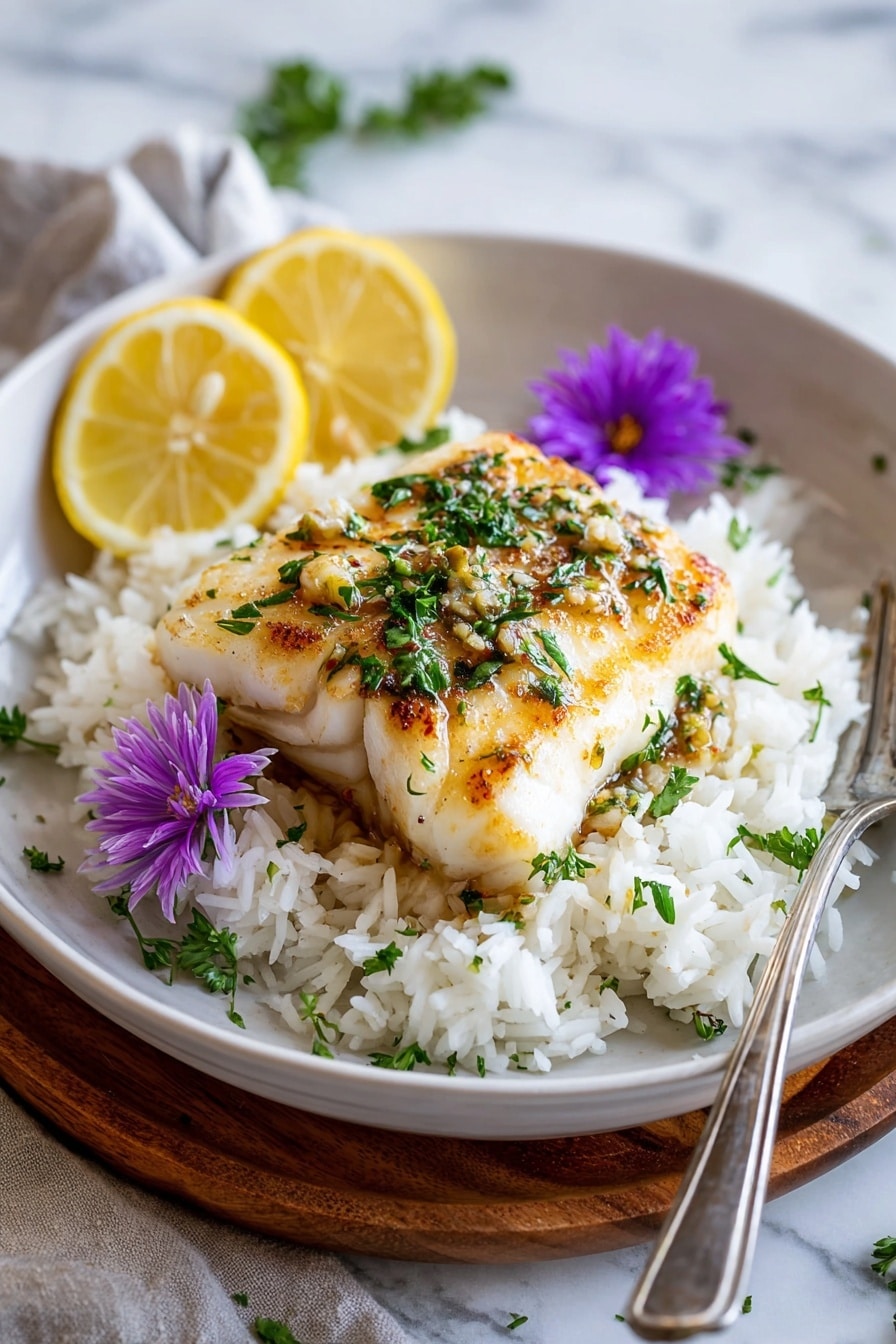 The image shows a close-up of three thick, cooked fish pieces on a white plate with a white marbled background. Each piece has a golden-brown, crispy top layer with a textured surface, while the sides show the white, tender inside of the fish. A glossy, amber-colored sauce is being poured from a clear small glass container onto the front fish piece, adding shine and moisture. The sauce creates a smooth, shiny layer that contrasts with the rough, crispy top of the fish. Photo taken with an iphone --ar 2:3 --v 7 - Lemon Butter Cod, lemon butter fish, easy seafood dinner, quick fish recipes, flaky cod dishes