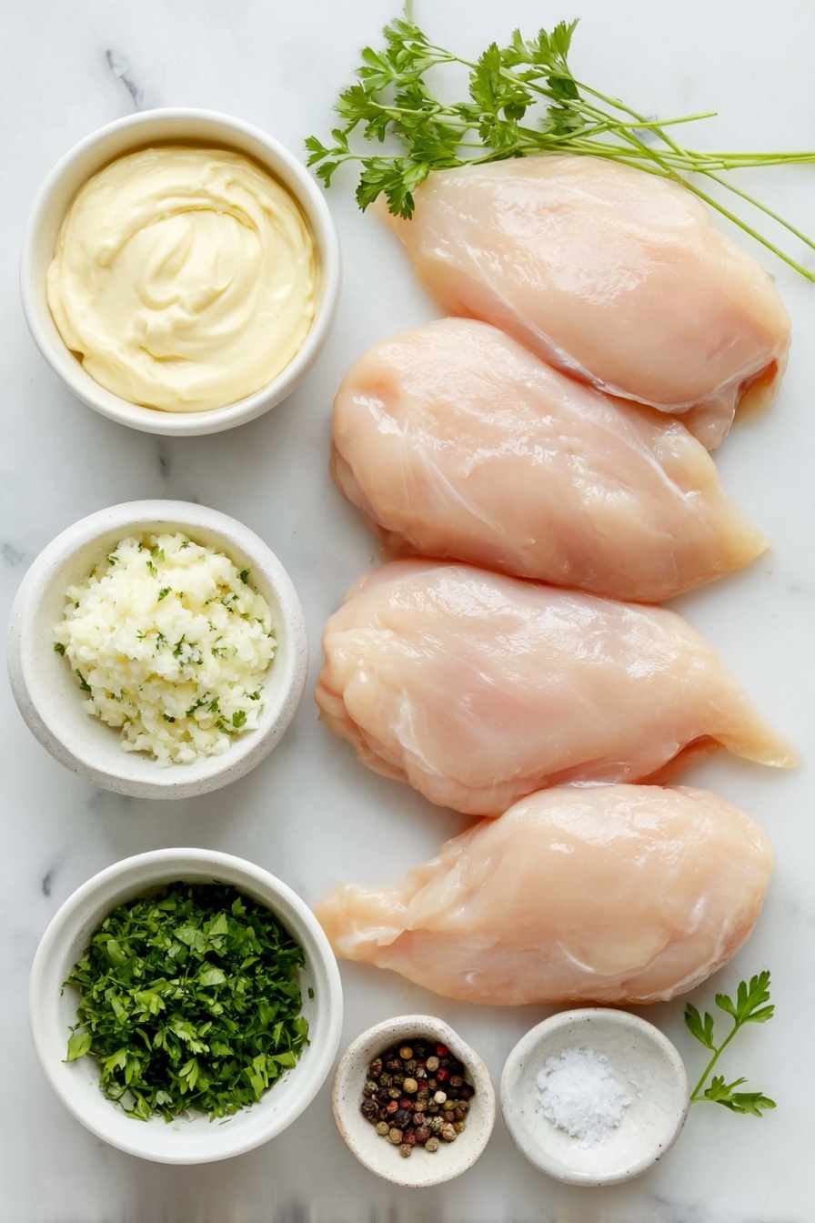 Flat lay of a group of four raw chicken breasts with smooth, pale pink skin, a small white bowl of creamy Dijon mustard, a small white bowl of thick mayonnaise, a small white bowl filled with minced fresh garlic, a small white bowl containing coarse salt crystals, a small white bowl with freshly ground black peppercorns, and a few sprigs of vibrant green minced fresh parsley, all ingredients fresh and natural, arranged in perfect symmetry on a clean white marble surface, soft natural light, photo taken with an iPhone, professional food photography style, fresh ingredients, white ceramic bowls, no bottles, no duplicates, no utensils, no packaging --ar 2:3 --v 7 --p m7354615311229779997 - Garlic Dijon Grilled Chicken, Grilled Chicken Recipes, Easy Weeknight Chicken Dinner, Juicy Chicken Marinade, Healthy Grilled Chicken