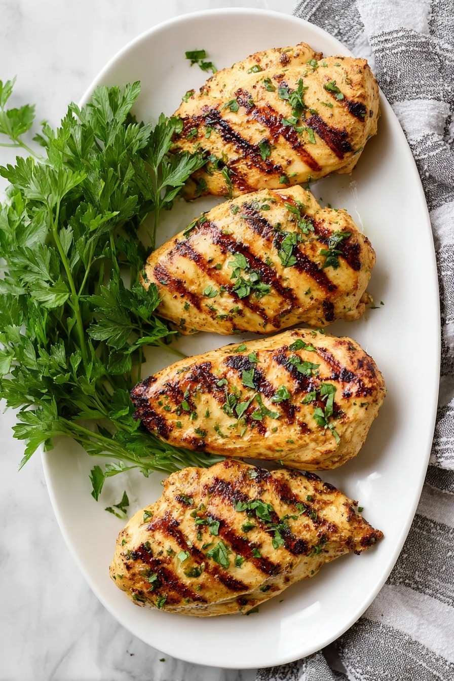 The image shows three grilled chicken pieces on a white rectangular plate placed on a white marbled surface. Each chicken piece has a nicely browned and slightly charred surface with grill marks, displaying a golden brown and light caramel color. Small green herb bits are scattered evenly over the chicken and plate, adding a fresh and bright green touch. The chicken pieces look juicy with a slight texture of cooked skin. Some parsley leaves are partially visible in the background near the top of the plate. The photo was taken with an iphone --ar 2:3 --v 7 - Garlic Dijon Grilled Chicken, Grilled Chicken Recipes, Easy Weeknight Chicken Dinner, Juicy Chicken Marinade, Healthy Grilled Chicken