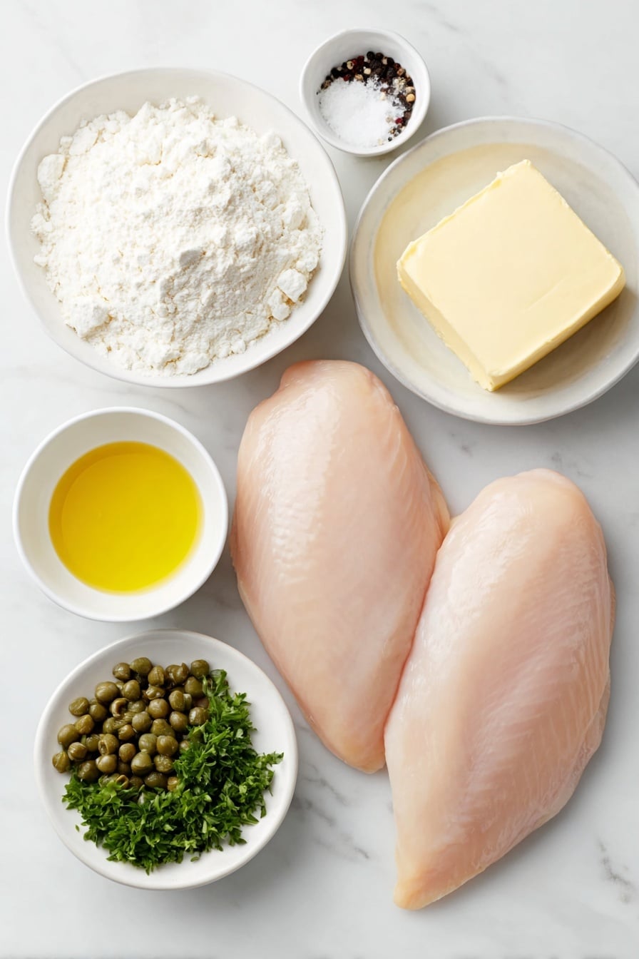 Flat lay of two raw butterflied chicken breasts halved, a small mound of all-purpose flour on a white ceramic plate, small white bowls containing golden olive oil, minced fresh garlic, low-sodium chicken broth, fresh lemon juice, and heavy cream, a small white bowl with pale yellow butter, a sprinkling of coarse salt crystals, freshly ground black peppercorns, fine white cornstarch powder on a small plate, bright green chopped fresh parsley on a white dish, and glossy, plump greenish capers arranged symmetrically, all placed on a clean white marble surface, soft natural light, photo taken with an iPhone, professional food photography style, fresh ingredients, white ceramic bowls, no bottles, no duplicates, no utensils, no packaging --ar 2:3 --v 7 --p m7354615311229779997 - Creamy Chicken Piccata, Chicken Piccata with Cream Sauce, Lemon Chicken Piccata, Easy Chicken Piccata, Elegant Chicken Dinner