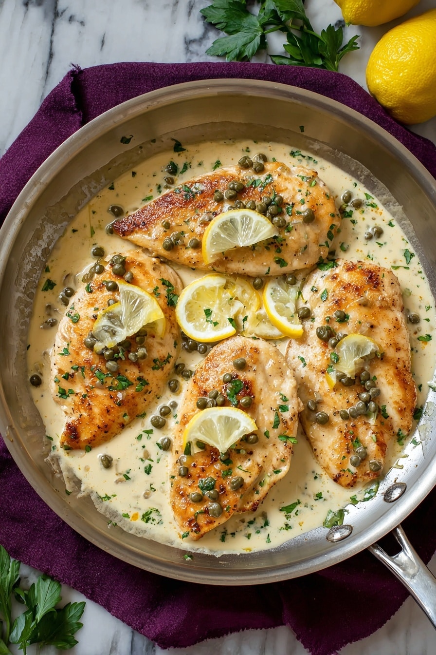 The image shows four golden brown cooked pieces of chicken arranged evenly in a round silver pan. The chicken is partly covered in a light cream-colored sauce that fills the pan's base. Scattered on top of the chicken and sauce are small green capers and finely chopped green herbs. There are also small yellow lemon wedges resting on the sauce between the chicken pieces. The pan rests on a dark purple cloth and the background is a white marbled surface with some green leaves and a whole lemon near the top edge of the image. Photo taken with an iphone --ar 2:3 --v 7 - Creamy Chicken Piccata, Chicken Piccata with Cream Sauce, Lemon Chicken Piccata, Easy Chicken Piccata, Elegant Chicken Dinner