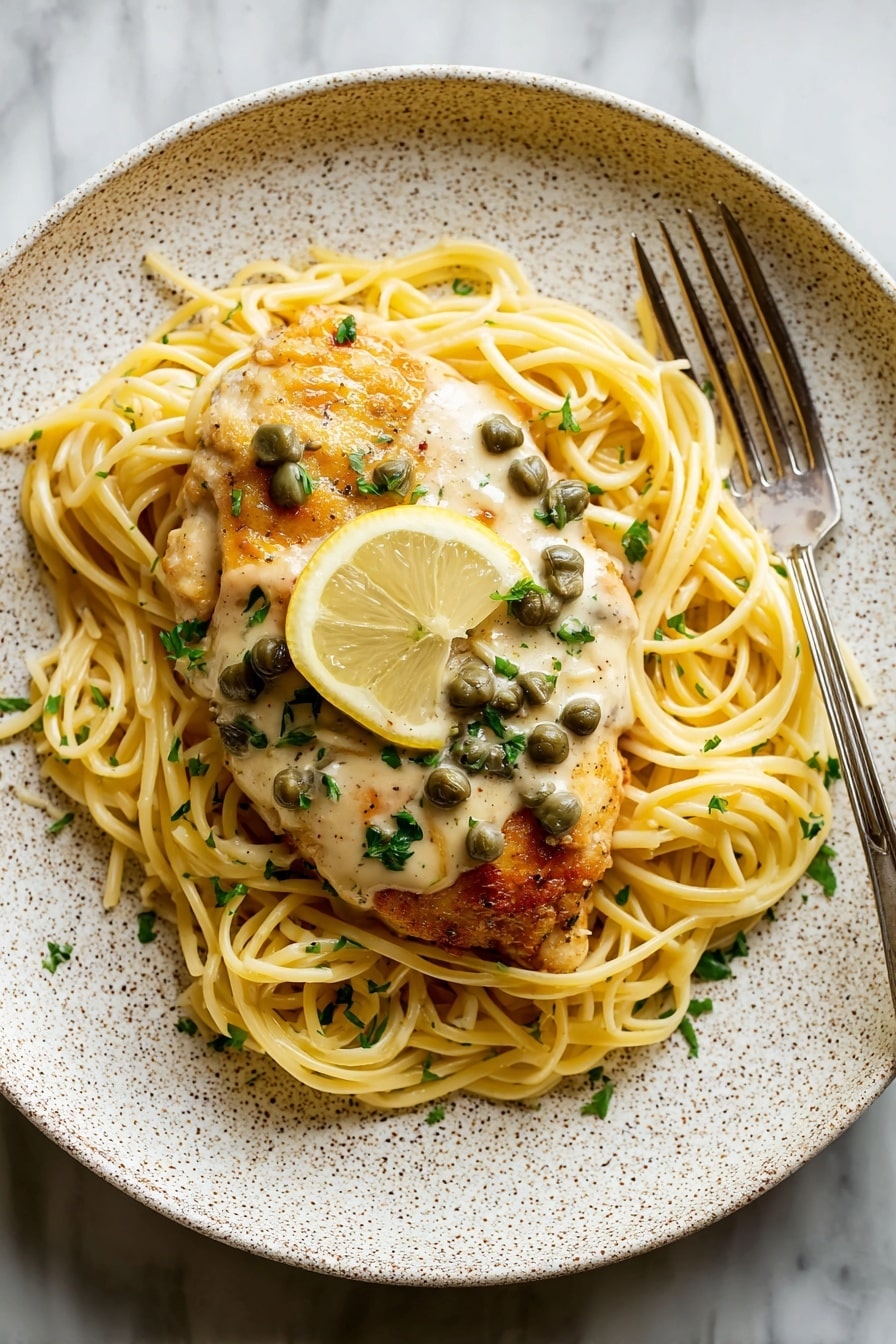 A round white speckled plate holds a bed of light yellow cooked spaghetti noodles arranged in a loose, messy pile. On top of the noodles, there is a single piece of golden brown cooked chicken with a slightly crispy surface. The chicken is partially covered with a creamy light beige sauce that has small green capers scattered across it. A thin lemon wedge rests on the chicken, and some small chopped green herbs are sprinkled over the whole dish. The plate sits on a white marbled surface with a silver fork resting at the top left edge of the plate. Photo taken with an iphone --ar 2:3 --v 7 - Creamy Chicken Piccata, Chicken Piccata with Cream Sauce, Lemon Chicken Piccata, Easy Chicken Piccata, Elegant Chicken Dinner
