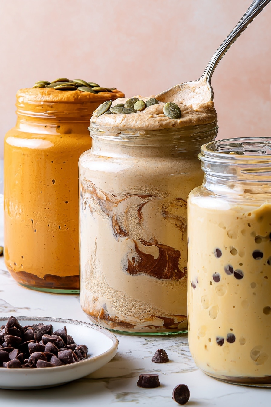 Four glass jars hold different creamy desserts with varying textures and colors. The jar on the left has a thick light brown mixture with small dark brown bits spread inside and on top. Next to it, a jar contains a smooth, pale yellow cream with a slightly shiny surface. On the right side of the wooden round tray, a jar filled with a creamy beige mixture is swirled with darker caramel-colored layers and some small pieces of nuts or seeds on top. Behind this jar, another jar shows a light beige mixture with darker patches visible through the glass and a silver lid. A white marbled surface supports the tray with two white-handled spoons placed on it, and a few small dark bits are scattered near the front. The background is soft peach with texture. Photo taken with an iphone --ar 2:3 --v 7 - High-Protein Ice Cream, healthy protein ice cream, easy protein desserts, homemade high-protein treat, guilt-free ice cream