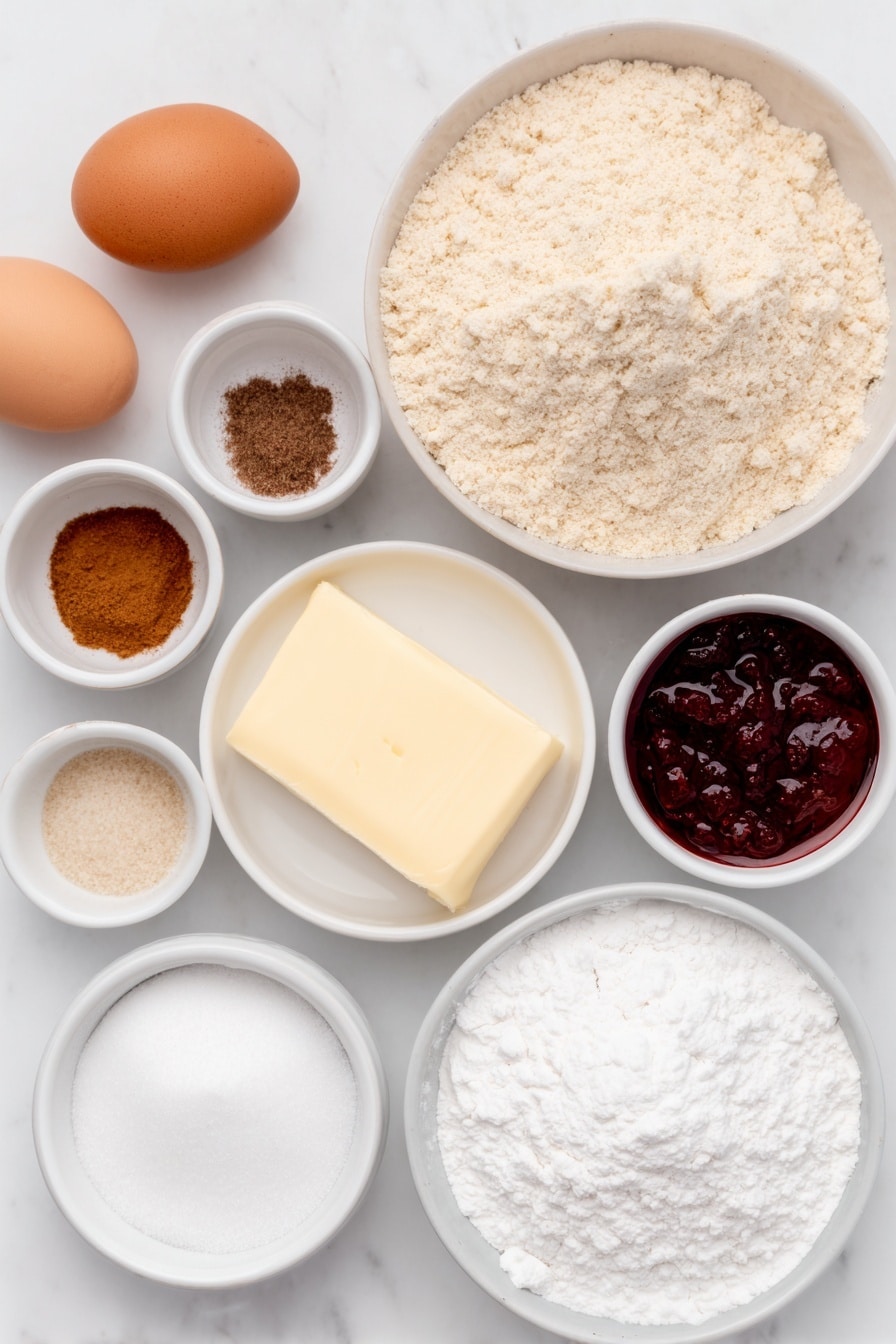 Flat lay of a small mound of pale almond flour, a small bowl of white all-purpose flour, a tiny white bowl with ground cinnamon, a tiny white bowl with ground cloves, a tiny white bowl of kosher salt, one large whole egg with a clean shell, a small white bowl of clear vanilla extract, a half-stick of fresh butter, a small white bowl filled with granulated sugar, a small white bowl of vibrant red raspberry jam, and a small white bowl of fine powdered sugar, all arranged in perfect symmetry on a simple white ceramic surface, placed on a clean white marble surface, soft natural light, photo taken with an iPhone, professional food photography style, fresh ingredients, white ceramic bowls, no bottles, no duplicates, no utensils, no packaging --ar 2:3 --v 7 --p m7354615311229779997 - Easy Almond Linzer Cookies with Raspberry Jam, almond linzer cookies, raspberry jam cookies, holiday cookie recipes, nutty jam-filled cookies