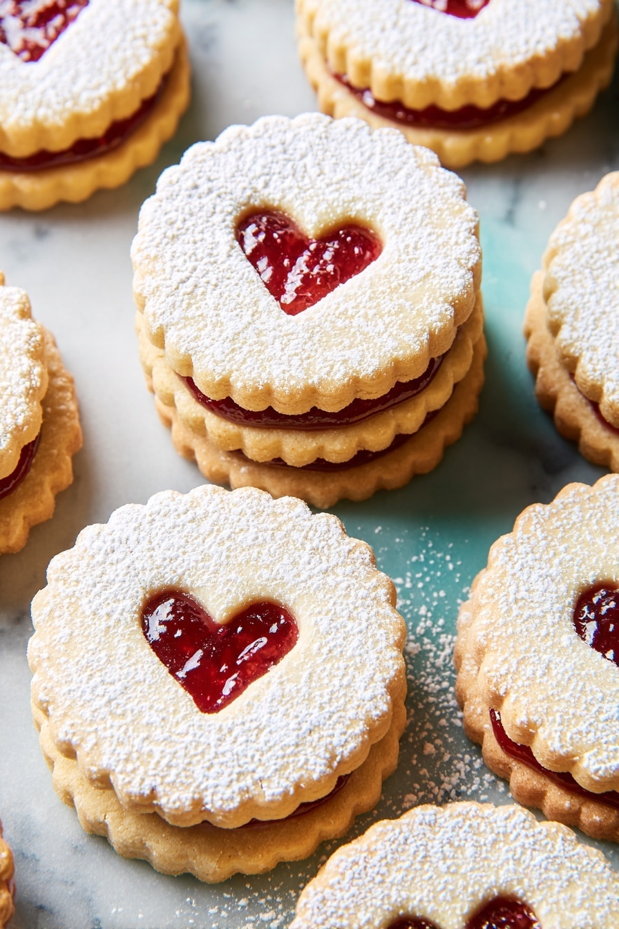 Two round cookies with scalloped edges are shown on a white marbled surface. Each cookie has two layers: the bottom layer is a light golden brown and smooth, while the top layer is a pale beige dusted heavily with powdered sugar. In the center of each cookie’s top layer is a heart-shaped cutout filled with bright red jam, visible through the sugar dusting. Powdered sugar is scattered around the cookies on the surface, adding a festive touch. photo taken with an iphone --ar 2:3 --v 7 - Easy Almond Linzer Cookies with Raspberry Jam, almond linzer cookies, raspberry jam cookies, holiday cookie recipes, nutty jam-filled cookies