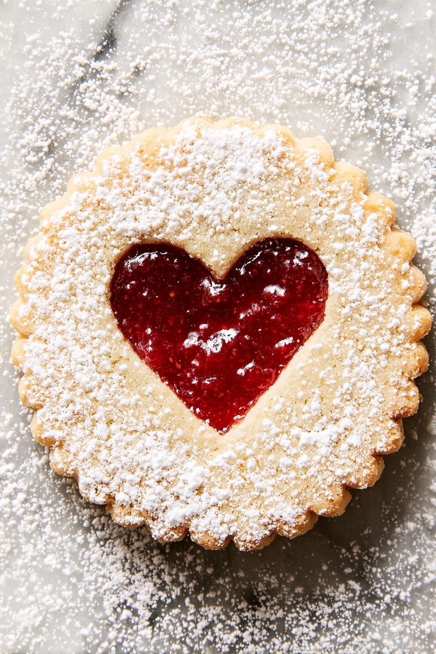 The image shows a round cookie with scalloped edges on a white marbled surface. The cookie has two layers: the bottom layer is a plain golden-baked cookie, and the top layer is a similar cookie with a heart shape cut out in the center. Through the heart-shaped hole, red jam is visible, filling the space with a glossy texture. The whole cookie is dusted with white powdered sugar, covering it evenly and spilling onto the white marbled surface around it. Photo taken with an iphone --ar 2:3 --v 7 - Easy Almond Linzer Cookies with Raspberry Jam, almond linzer cookies, raspberry jam cookies, holiday cookie recipes, nutty jam-filled cookies