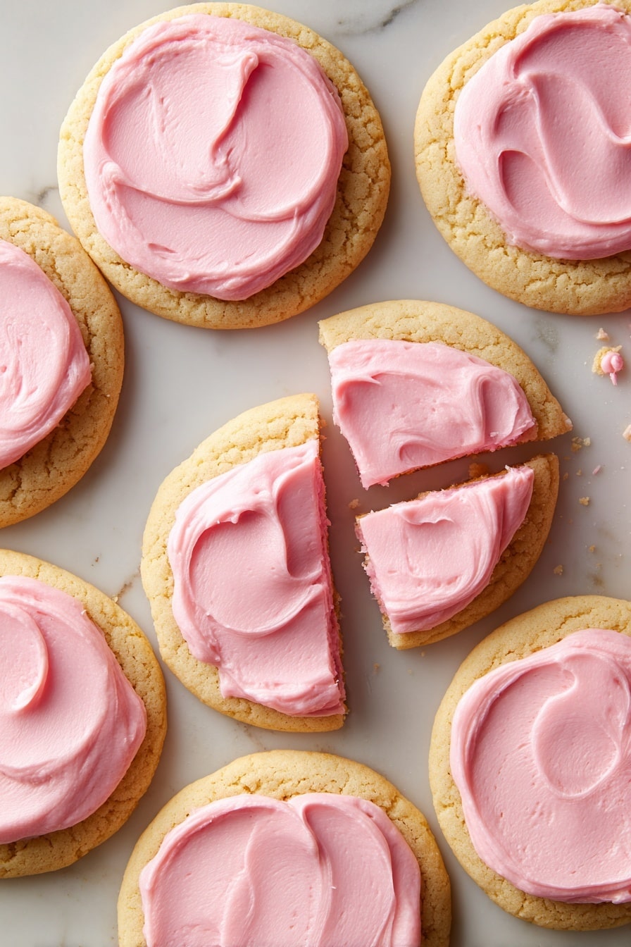 This image shows a stack of four thick cookies separated by layers of light pink frosting. Each cookie layer is golden brown with a slightly crumbly texture. The frosting layers are thick and creamy with smooth, swirled tops. On the left side, a piece of cookie with pink frosting is placed leaning against the stack, showing the soft inside and the frosting covering the top. The whole stack sits on a white plate, with a white marbled surface and a soft, plain blue background behind. Photo taken with an iphone --ar 2:3 --v 7 - Copycat Crumbl Sugar Cookies, homemade sugar cookies, soft buttery cookies, easy cookie recipe, best sugar cookie copycat