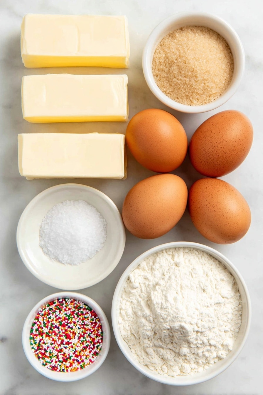 Flat lay of a few thick rectangular sticks of unsalted butter, a small white bowl filled with packed light brown sugar, a small pile of coarse kosher salt crystals, a small white bowl with granulated white sugar, one large whole brown-speckled egg with a clean shell, one large whole egg yolk resting on a white ceramic plate, a small white bowl of clear pale vanilla extract, a small white bowl of fine baking soda powder, a small mound of all-purpose flour, and a small white bowl brimming with colorful holiday sprinkles — all arranged symmetrically on a clean white marble surface, soft natural light, photo taken with an iPhone, professional food photography style, fresh ingredients, white ceramic bowls, no bottles, no duplicates, no utensils, no packaging --ar 2:3 --v 7 --p m7354615311229779997 - Confetti Cookies Pan-Banging Technique, colorful sprinkle cookies, soft buttery birthday cookies, no-chill cookie recipe, fun baking hacks