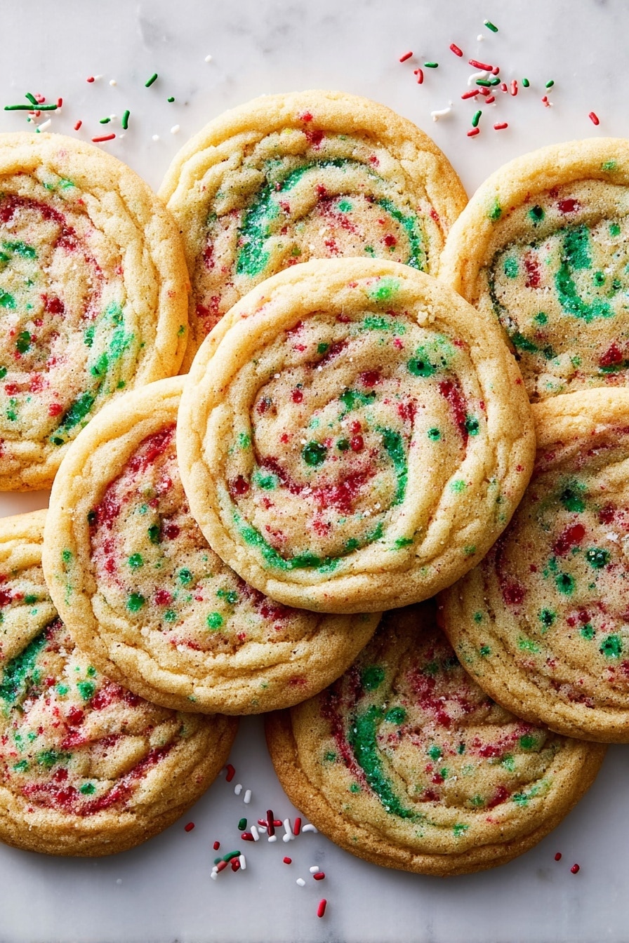 A tall stack of nine thin cookie halves is shown, each with a light golden brown color and small colorful green, red, and white sprinkles spread inside. The edges are crisp and slightly darker golden, while the inside looks soft and crumbly with a grainy texture. The stack is neatly aligned on a white marbled surface, with a few loose red, green, and white sprinkles scattered around. The background is a soft pink color, creating a gentle contrast with the cookies. photo taken with an iphone --ar 2:3 --v 7 - Confetti Cookies Pan-Banging Technique, colorful sprinkle cookies, soft buttery birthday cookies, no-chill cookie recipe, fun baking hacks