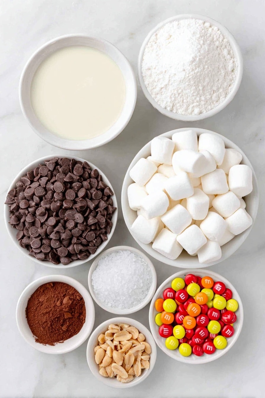 Flat lay of a small pile of glossy semisweet chocolate chips, a small white ceramic bowl filled with thick sweetened condensed milk, a small white ceramic bowl holding fine unsweetened cocoa powder, a few coarse kosher salt crystals scattered artfully, a small white ceramic bowl overflowing with soft mini marshmallows, a small white ceramic bowl with golden roasted salted peanuts, a small white ceramic bowl containing several mini peanut butter cups, a small white ceramic bowl with bright red and orange mini peanut butter M&M’s, all arranged symmetrically on a clean white marble surface, soft natural light, photo taken with an iPhone, professional food photography style, fresh ingredients, white ceramic bowls, no bottles, no duplicates, no utensils, no packaging --ar 2:3 --v 7 --p m7354615311229779997 - Reindeer Tracks Chocolate Fudge, holiday fudge recipes, festive chocolate fudge, easy Christmas fudge, no-bake holiday treats