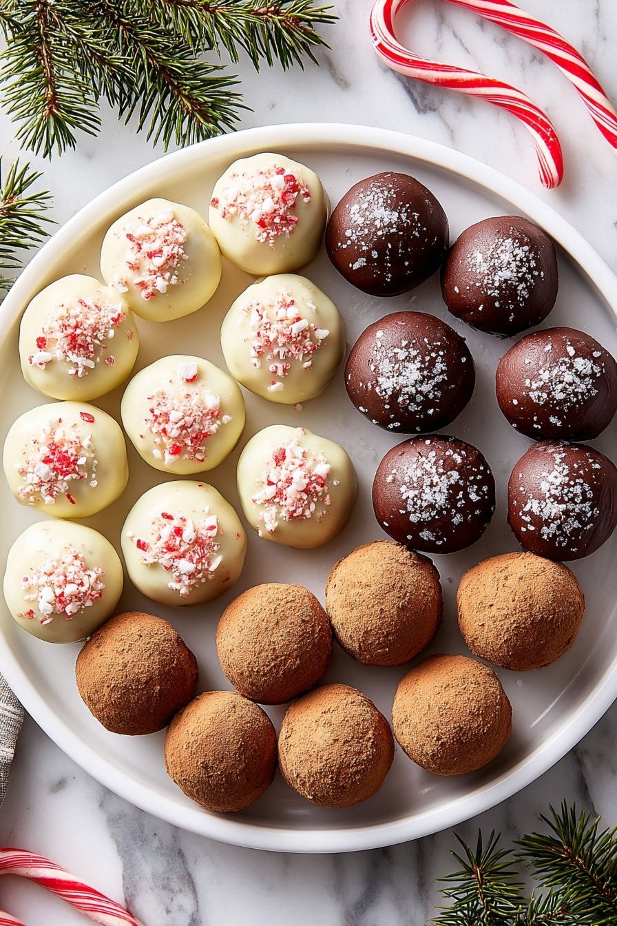 The image shows a white round plate filled with three types of round truffles arranged in rows. The first type is coated in smooth white chocolate with rough pieces of crushed red and white candy on top. The second type is dark chocolate coated with flaky sea salt sprinkled on the glossy surface. The third type is covered in a dusty light brown powder with a matte texture. The plate is placed on a white marbled surface and decorated with green pine branches on the side. To the top right, there are two red and white candy canes. Photo taken with an iphone --ar 2:3 --v 7 - Chocolate Truffles, easy chocolate truffles, homemade chocolate truffles, gourmet chocolate treats, simple truffle recipe