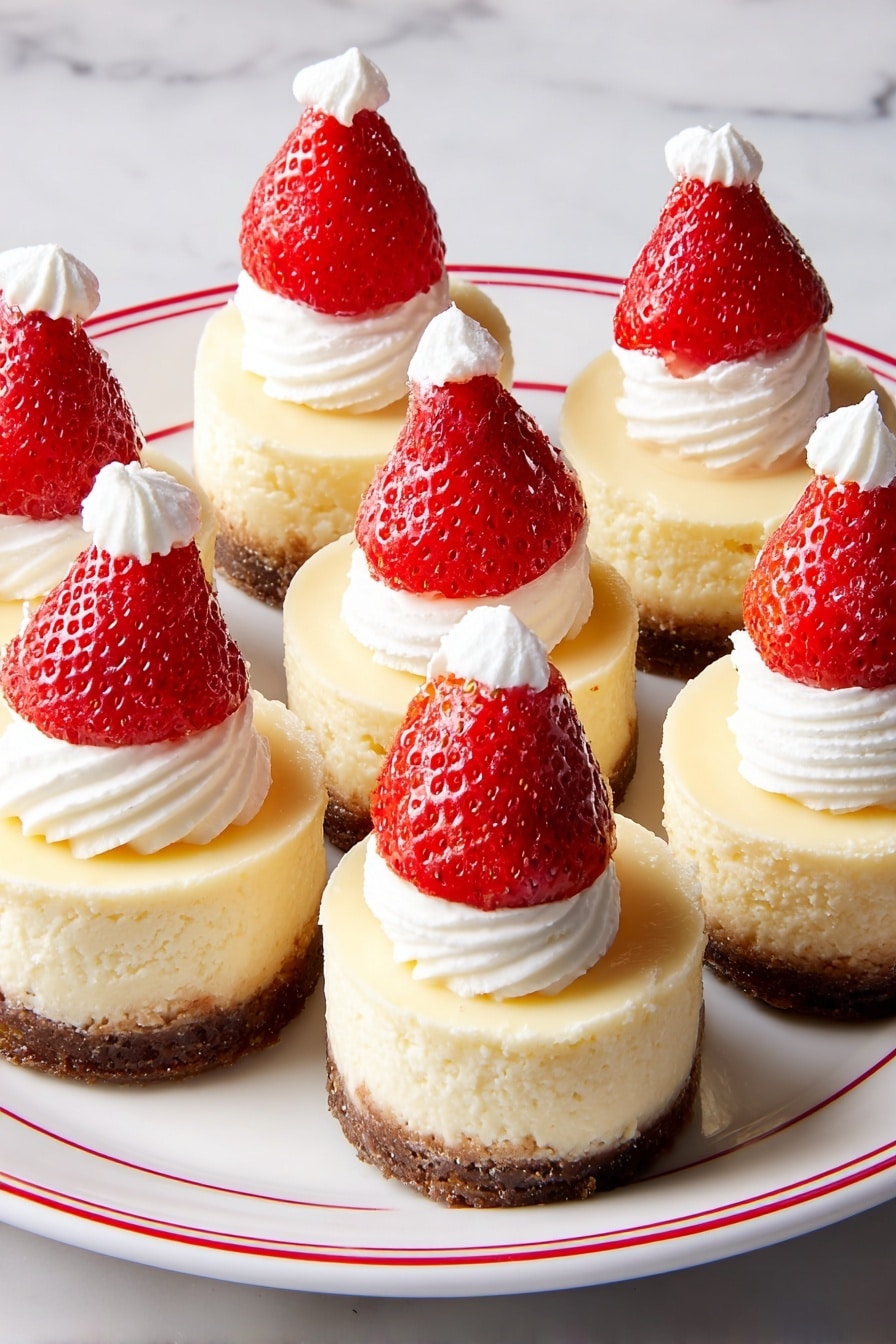 The image shows three mini cheesecakes side by side on a white plate. Each cheesecake has three layers: a crumbly brown base at the bottom, a thick light cream-colored cheesecake middle layer, and a swirl of white whipped cream on top. A bright red strawberry stands upright on the whipped cream of each cheesecake, with a small dollop of whipped cream on the pointed end of each strawberry. The background is a soft pink, and the whole scene is set on a white marbled surface. photo taken with an iphone --ar 2:3 --v 7 - Santa Hat Cheesecake Bites, festive cheesecake bites, holiday dessert recipes, no-bake Christmas treats, cute holiday dessert ideas