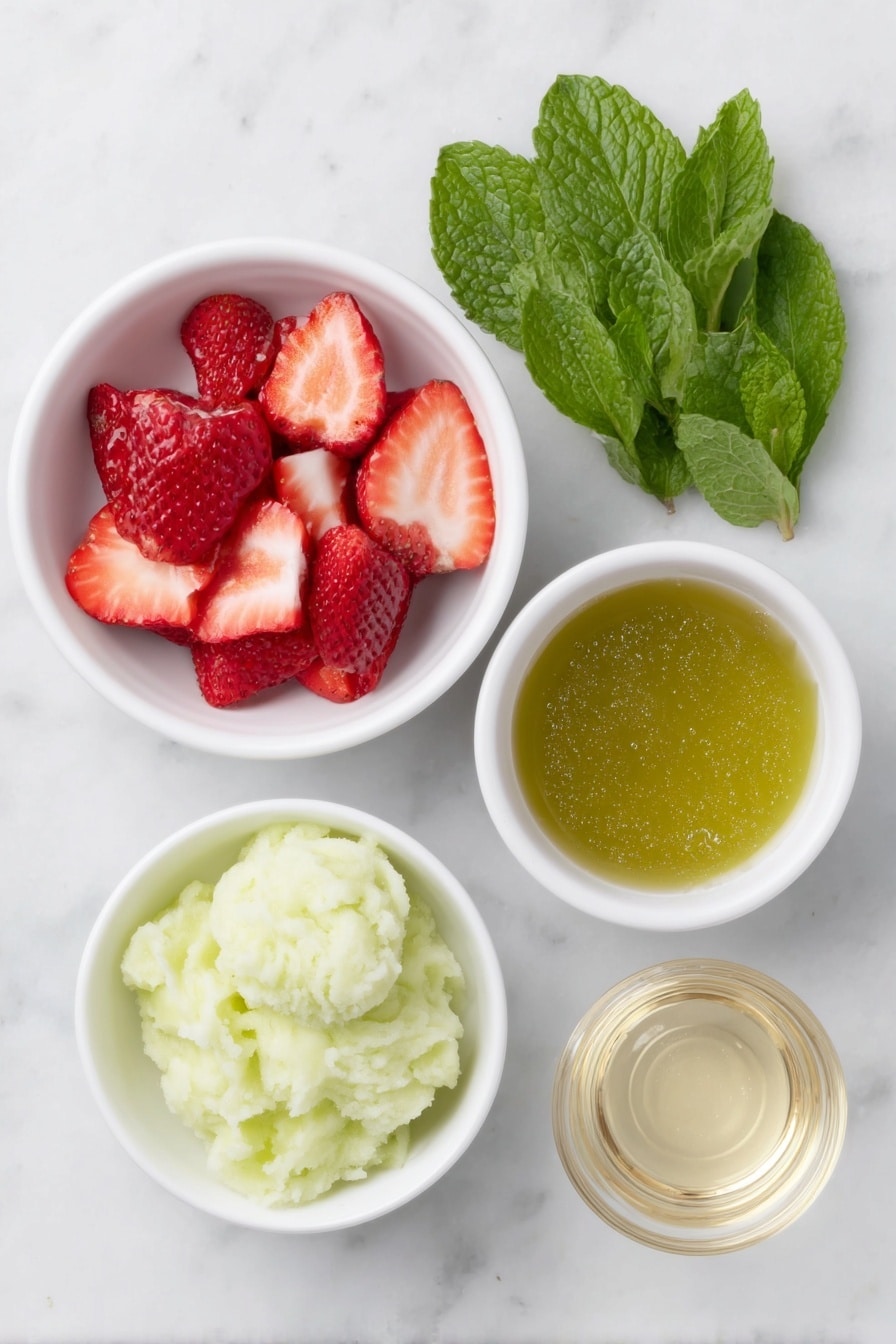 Flat lay of a small white ceramic bowl filled with bright green lime sherbet scoops, a handful of fresh strawberries sliced into heart shapes with vibrant red and green leaves, a small white ceramic bowl containing clear sparkling lemon-lime soda with tiny bubbles visible, and a small white ceramic bowl filled with vivid green Hawaiian punch liquid, all arranged symmetrically with perfect balance, placed on a clean white marble surface, soft natural light, photo taken with an iPhone, professional food photography style, fresh ingredients, white ceramic bowls, no bottles, no duplicates, no utensils, no packaging --ar 2:3 --v 7 --p m7354615311229779997 - Grinch Punch Green Hawaiian Sherbet , Festive Holiday Drink, Christmas Party Punch, Green Fruit Punch Recipe, Easy Kid-Friendly Holiday Drink