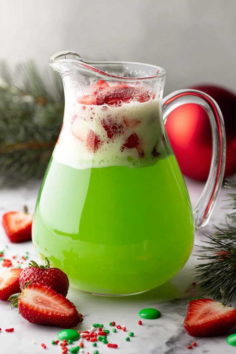 A clear glass pitcher filled with a bright green liquid that takes up most of the container. On top of the green layer, there is a white creamy layer with pieces of red strawberry floating in it. Around the pitcher, there are whole strawberries and strawberry slices scattered on a white marbled surface, along with small red and green round sprinkles. In the background, there is a red round ornament and some green pine branches slightly out of focus. photo taken with an iphone --ar 2:3 --v 7 - Grinch Punch Green Hawaiian Sherbet , Festive Holiday Drink, Christmas Party Punch, Green Fruit Punch Recipe, Easy Kid-Friendly Holiday Drink