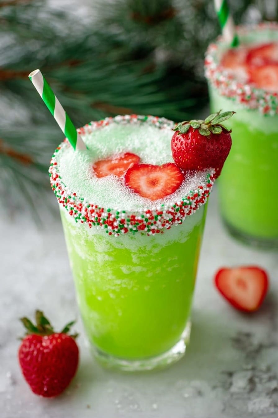 A tall clear glass filled with bright green fizzy drink, topped with light green foam and several red strawberry slices inside. The glass rim is decorated with small round sprinkles in red, white, and green colors. A green and white striped paper straw is placed inside the glass. The glass is on a smooth white marbled surface with some heart-shaped strawberries next to it and blurred green pine branches in the background. Another similar glass is visible behind the first one, slightly out of focus. photo taken with an iphone --ar 2:3 --v 7 - Grinch Punch Green Hawaiian Sherbet , Festive Holiday Drink, Christmas Party Punch, Green Fruit Punch Recipe, Easy Kid-Friendly Holiday Drink