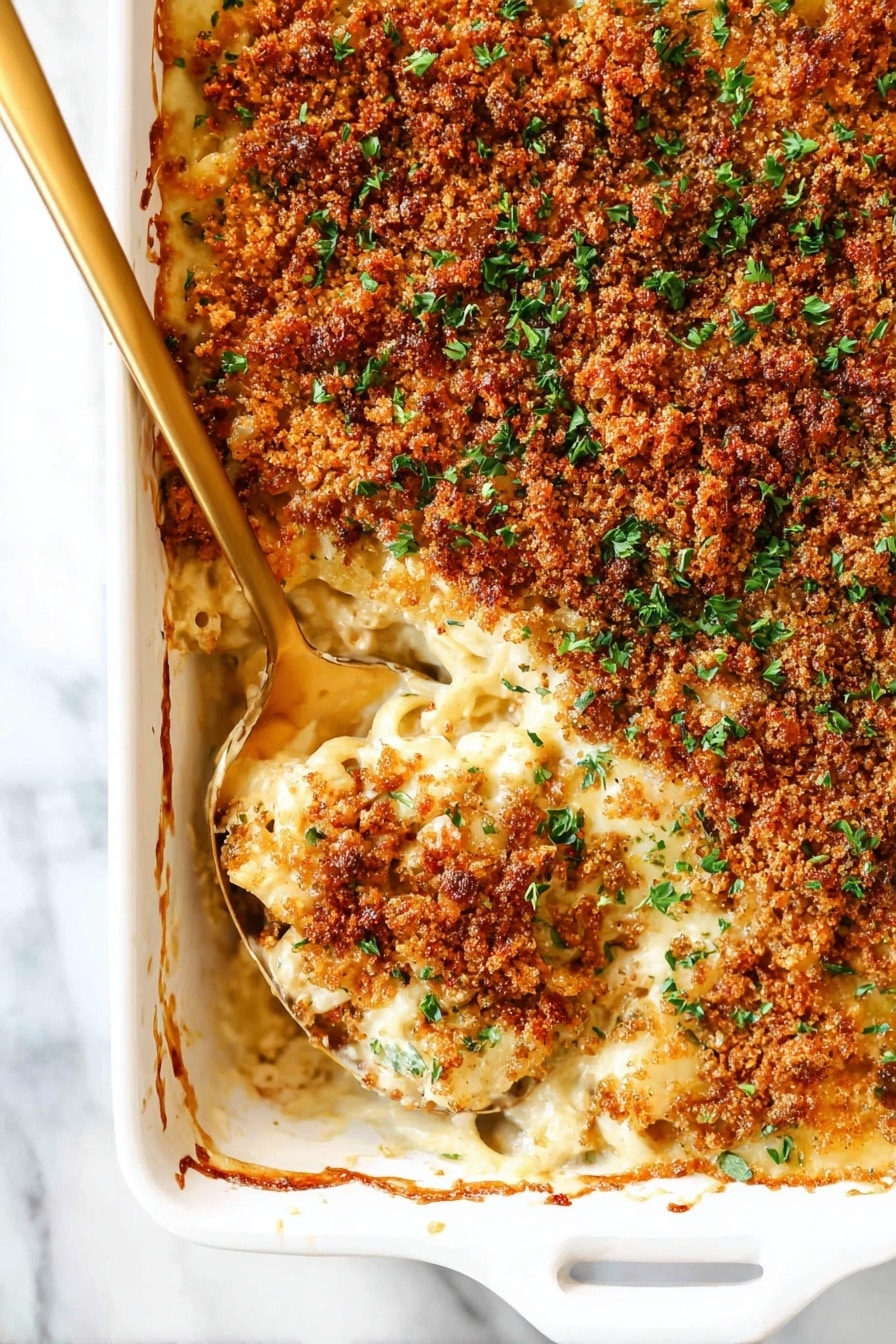 The image shows a white ceramic baking dish filled with a creamy noodle casserole. The top layer is thick with golden brown crumbs mixed with green chopped herbs, giving it a crunchy texture. Below this crust, there is a rich, creamy mix of noodles coated in cheese sauce, with visible bits of ham and sprinkled herbs. A gold spoon is scooping some of the creamy noodle mixture from the dish, revealing the soft, saucy noodles underneath the crumb layer. The dish rests on a white marbled surface. photo taken with an iphone --ar 2:3 --v 7 - Chicken Cordon Bleu Casserole, easy chicken casserole with ham and cheese, cheesy chicken bake recipe, comfort food casserole, weeknight chicken casserole
