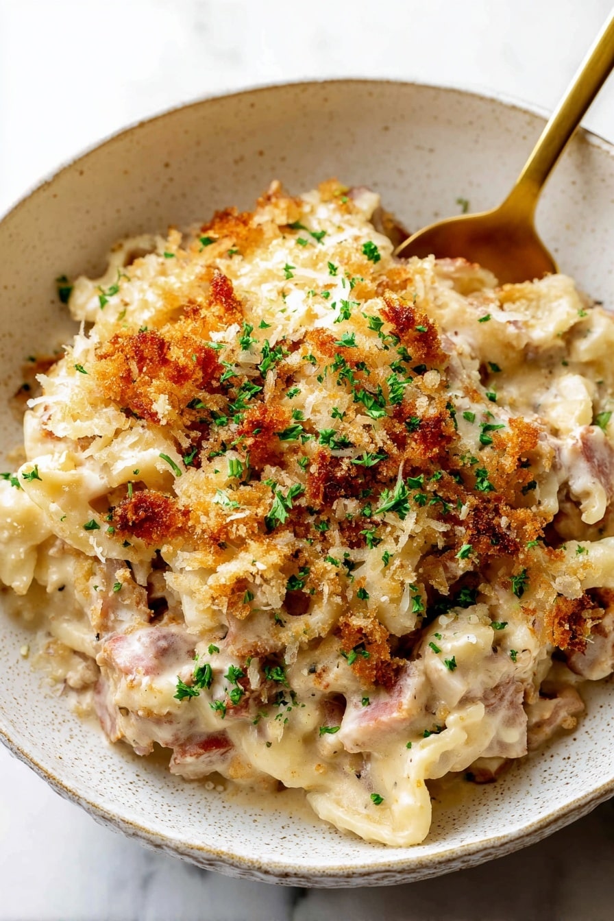 The image shows a white rectangular baking dish filled with a creamy pasta bake. The dish has a thick, golden brown crumb topping that covers most of the surface, sprinkled with bright green chopped herbs. Under the topping, you can see a gooey, melted cheese layer with a slightly browned, bubbly texture. A golden spoon is scooping out a portion, revealing layers of soft, creamy pasta beneath the crunchy topping. The dish is placed on a white marbled surface. photo taken with an iphone --ar 2:3 --v 7 - Chicken Cordon Bleu Casserole, easy chicken casserole with ham and cheese, cheesy chicken bake recipe, comfort food casserole, weeknight chicken casserole