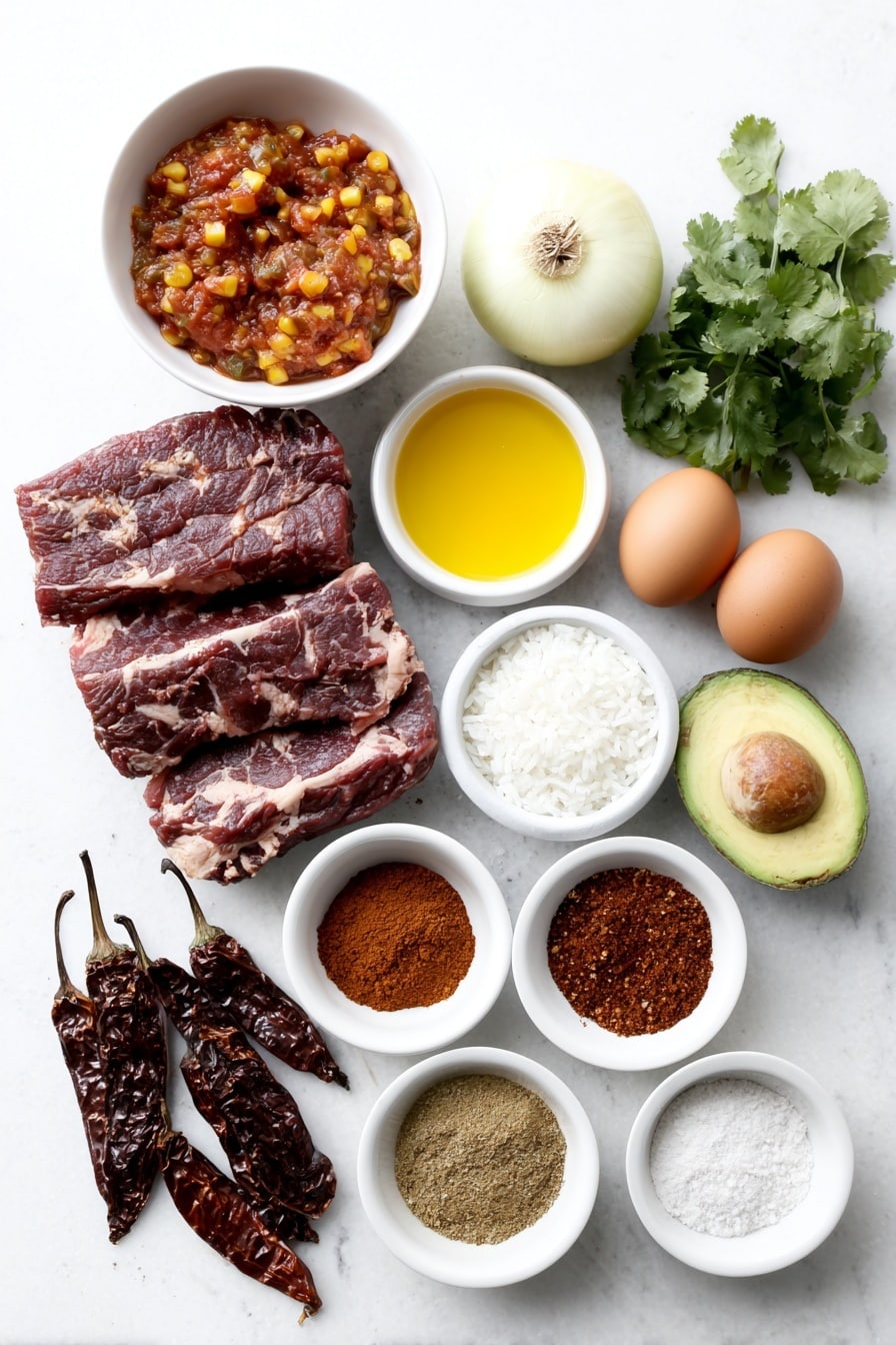 Flat lay of dried guajillo chile peppers with deep reddish-brown smooth skins, dried ancho chile peppers in dark brown wrinkled pods, a few small bright red arbol chile peppers, a simple white bowl filled with fire roasted diced tomatoes with juices, thick chunks of raw chuck roast with marbled fat, a few whole brown eggs with clean shells, a small mound of pale all-purpose flour on a white ceramic plate, a small white bowl of golden vegetable oil, a yellow onion whole and unpeeled, several cloves of fresh garlic unpeeled, a small white bowl of reddish-brown beef bouillon granules, small piles of ground cumin, dried oregano, ground coriander, and smoked paprika each distinctly colored in small white bowls, a small white bowl with dark unsweetened cocoa powder, a pinch of cinnamon powder in a white bowl, two whole fresh green bay leaves, a small white bowl holding rich brown beef broth, fresh Mexican rice served on a plain white plate, a few warm corn tortillas stacked neatly on a white plate, a small heap of fresh thinly sliced radishes with bright red edges and white centers, a small bunch of chopped green cilantro, slices of ripe avocado with bright green flesh on a white plate, and crumbled white Cotija cheese arranged on a simple white ceramic dish — all ingredients fresh and natural, arranged symmetrically and balanced, photographed from above in soft natural light on a clean white marble surface, soft natural light, photo taken with an iPhone, professional food photography style, fresh ingredients, white ceramic bowls, no bottles, no duplicates, no utensils, no packaging --ar 2:3 --v 7 --p m7354615311229779997 - Chile Colorado Beef Stew, Chile Colorado Beef Stew Recipe, Mexican beef stew, smoky beef stew, hearty Chile Colorado stew