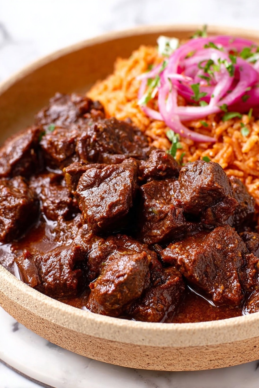 A white bowl filled with three main layers: the left side has dark brown stew pieces coated in thick sauce, the middle right side has orange-red rice mixed with small green herbs, and the top right corner features three thin slices of radish with a sprinkle of green herbs above the rice. Behind the rice, there are two white flat pieces of bread leaning against the bowl. The bowl is placed on a white marbled surface with a gold utensil and a striped cloth next to it. In the background, part of another white bowl with more rice is visible. photo taken with an iphone --ar 2:3 --v 7 - Chile Colorado Beef Stew, Chile Colorado Beef Stew Recipe, Mexican beef stew, smoky beef stew, hearty Chile Colorado stew