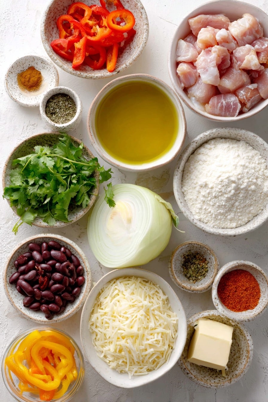 Flat lay of a small white ceramic bowl of golden olive oil, a small white ceramic bowl with a pat of creamy butter, raw chicken thighs cut into chunks, a half of a large white onion sliced thinly, a halved red bell pepper sliced thin, a halved orange bell pepper sliced thin, a halved yellow bell pepper sliced thin, garlic cloves peeled and whole, a small white ceramic bowl of white all-purpose flour, a small white ceramic bowl of reddish chili powder, a small white ceramic bowl of light brown ground cumin, a small white ceramic bowl of smoked paprika, a small white ceramic bowl of dried oregano, a small white ceramic bowl of salt, a small white ceramic bowl of ground black pepper, a small white ceramic bowl of chicken bouillon powder, a small mound of uncooked long-grain basmati rice, a small white ceramic bowl of rinsed black beans, a small white ceramic bowl of mild diced green chilies, a small white ceramic bowl of crushed tomatoes, four small white ceramic bowls each filled with clear low sodium chicken broth, a small white ceramic bowl of cornstarch, a small white ceramic bowl of freshly grated white and orange Pepper Jack cheese, fresh bright green cilantro sprigs, fresh whole ripe avocados halved showing green flesh, fresh whole ripe red tomatoes, fresh lime wedges, a small white ceramic bowl of sour cream, and a small white ceramic bowl of red hot sauce, all arranged symmetrically and balanced, placed on a clean white marble surface, soft natural light, photo taken with an iPhone, professional food photography style, fresh ingredients, white ceramic bowls, no bottles, no duplicates, no utensils, no packaging --ar 2:3 --v 7 --p m7354615311229779997 - Chicken Tomato Rice Soup, easy chicken soup with rice and tomatoes, comforting one-pot chicken and rice soup, flavorful tomato chicken soup recipe, hearty chicken and rice soup