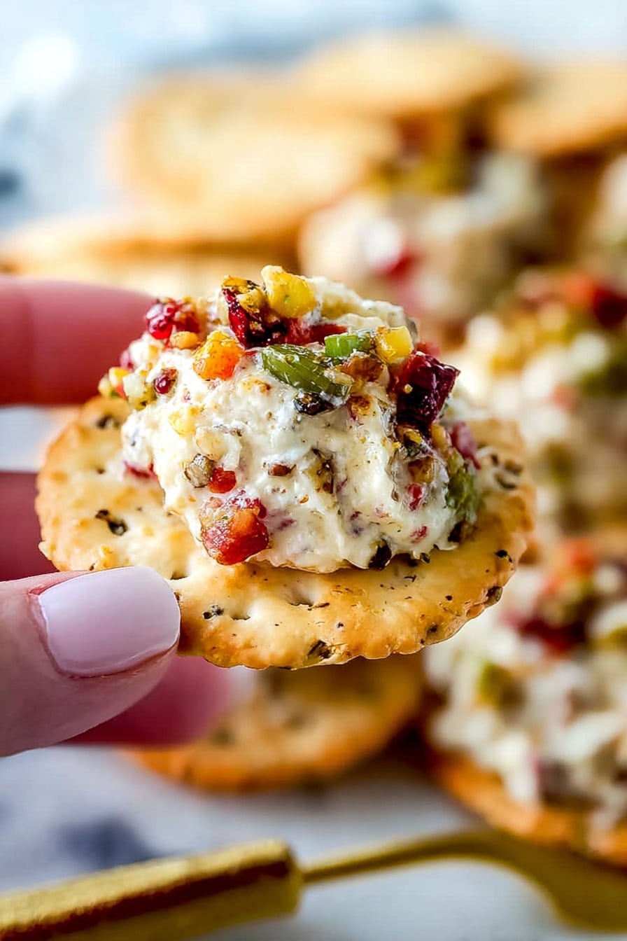 A long log-shaped cheese ball covered completely with a mix of finely chopped nuts and bright red and green bits, resting on a white marbled surface. A woman's hand holds a wooden honey dipper above the cheese ball, drizzling golden honey onto the top left side, creating a shiny, sticky layer that contrasts with the rough texture of the nuts. Surrounding the cheese ball are square crackers with visible seeds scattered loosely around it. The image is in close-up, highlighting the detailed texture of the nuts and honey photo taken with an iphone --ar 2:3 --v 7 - Cranberry Pistachio Cheese Log, holiday appetizer, easy cheese appetizer, festive cheese ball, cranberry pistachio cheese log