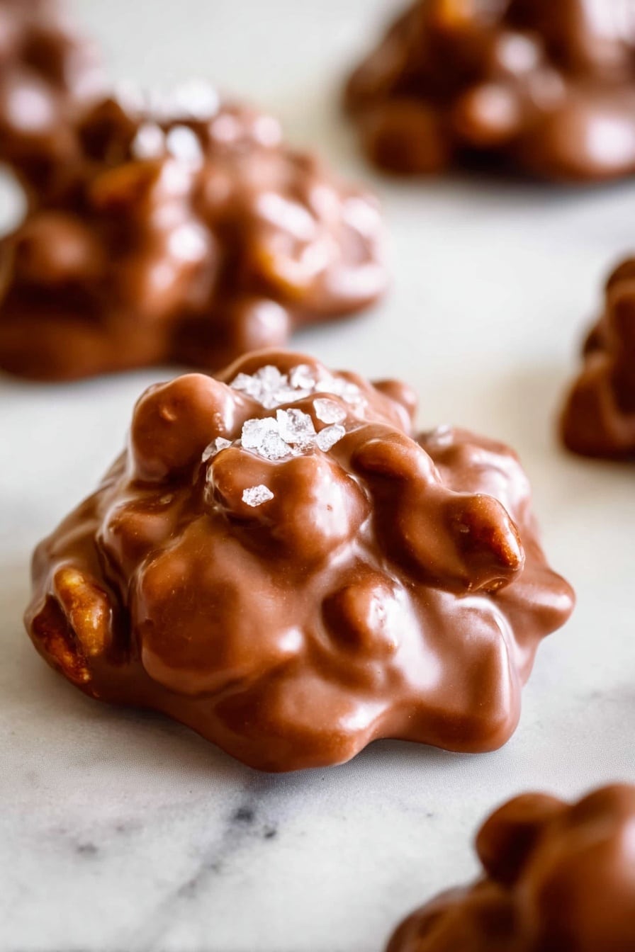 A close-up view of a single piece of chocolate candy held between a woman's thumb and forefinger. The chocolate is shaped irregularly with rounded bumps and swirls, featuring a glossy, smooth surface with a few small grains of sea salt on top. The background is a white marbled texture with a soft focus on more chocolates lying behind. The shiny milk chocolate has a rich brown color with subtle light reflections showing its creamy texture. Photo taken with an iphone --ar 2:3 --v 7 - Crockpot Chocolate Peanut Clusters, easy slow cooker dessert, homemade chocolate nut candies, no-bake peanut chocolate treats, simple chocolate snack recipes