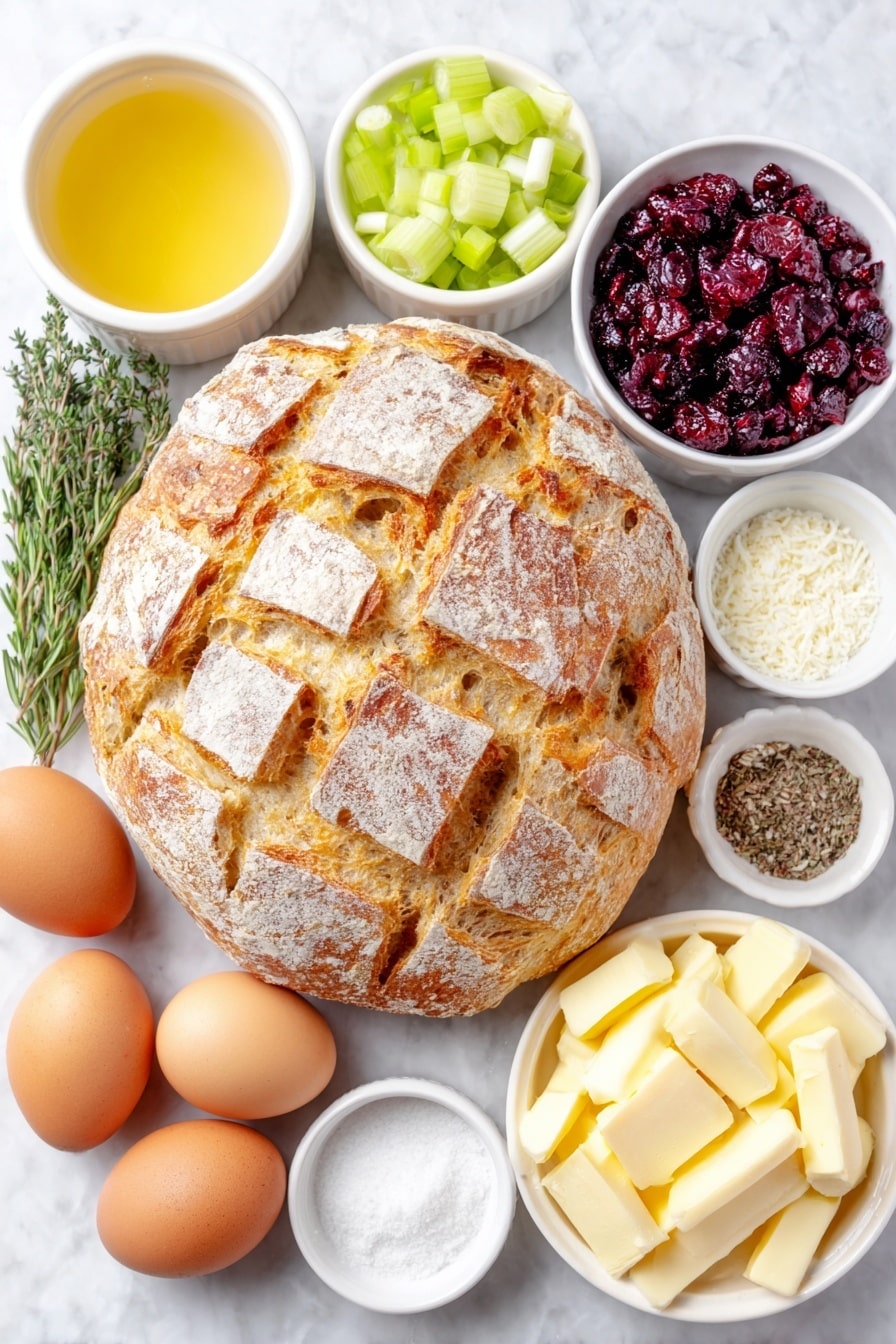 Flat lay of a large sourdough boule cut into cubes, two whole apples with crisp skin chopped, two celery stalks thinly sliced, two medium onions chopped, fresh sage sprigs, fresh thyme sprigs, fresh rosemary sprigs, a small bunch of fresh parsley, a pile of dried cranberries, three whole brown eggs with clean shells, six tablespoons of butter in a pat form, small white bowls each containing kosher salt, freshly ground black pepper, and low-sodium vegetable broth, all arranged symmetrically on a clean white ceramic plate and bowls placed on a clean white marble surface, soft natural light, photo taken with an iPhone, professional food photography style, fresh ingredients, white ceramic bowls, no bottles, no duplicates, no utensils, no packaging --ar 2:3 --v 7 --p m7354615311229779997 - Cranberry Stuffing with Fresh Herbs, holiday stuffing recipes, herb-infused stuffing, cranberry stuffing ideas, festive stuffing with herbs