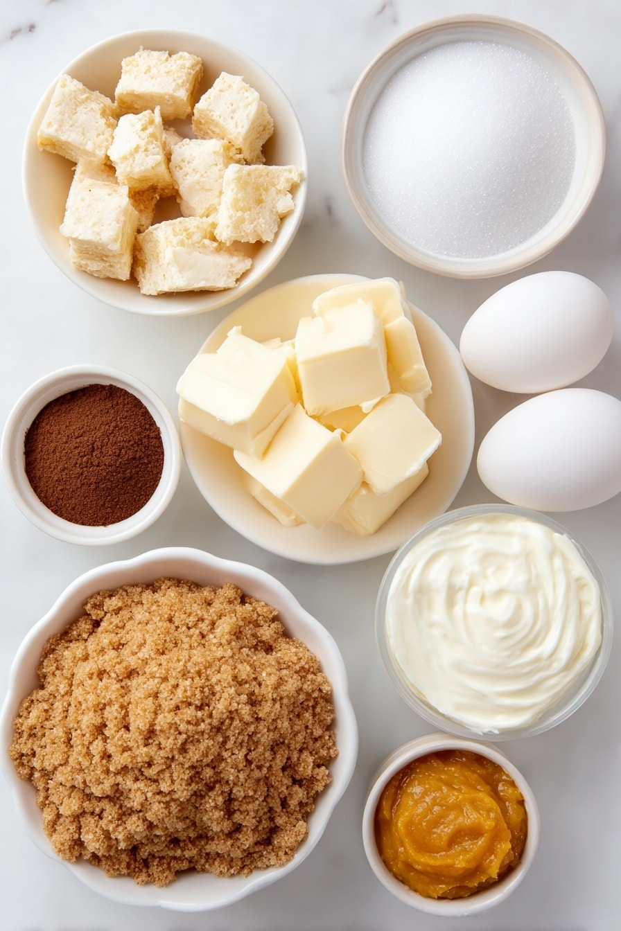 Flat lay of a small mound of finely crushed golden-brown gingersnap cookies, a few irregular chunks of smooth pale yellow unsalted butter, a small white ceramic bowl filled with white granulated sugar, a small white ceramic bowl containing warm brown pumpkin pie spice, a couple of large off-white eggs with clean uncracked shells, a small white ceramic bowl of smooth cream cheese softened to a creamy texture, a small white ceramic bowl of thick white sour cream, a small white ceramic bowl with bright orange pumpkin puree, and a small white ceramic bowl with clear vanilla extract liquid, all arranged in perfect symmetry and balanced proportions on a clean white marble surface, soft natural light, photo taken with an iPhone, professional food photography style, fresh ingredients, white ceramic bowls, no bottles, no duplicates, no utensils, no packaging --ar 2:3 --v 7 --p m7354615311229779997 - Pumpkin Cheesecake Bars, pumpkin dessert, fall cheesecake bars, easy pumpkin dessert, pumpkin bar recipe