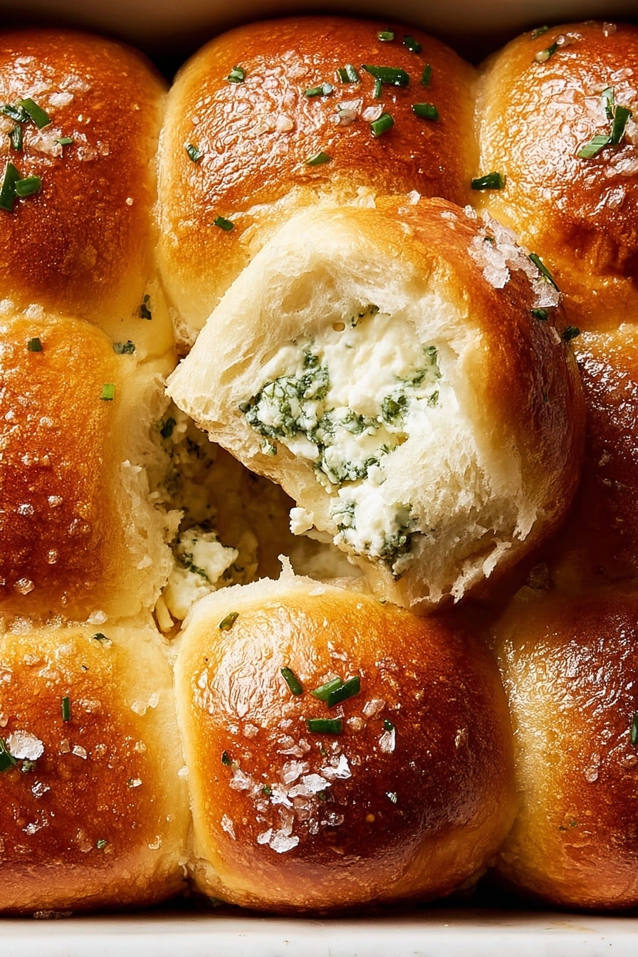 The image shows a close-up of a single soft bread roll that is partly torn open, revealing a creamy white filling mixed with small green herbs inside. The bread has a golden brown crust on top with a shiny finish and is fluffy and light cream-colored inside. Small crumbs and herb pieces are scattered around the bread on a white marbled surface. Photo taken with an iphone --ar 2:3 --v 7 - Goat Cheese Stuffed Rolls, goat cheese stuffed bread rolls, savory stuffed dinner rolls, herb-filled goat cheese rolls, easy goat cheese bread