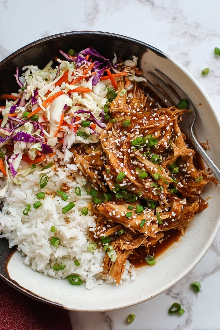 Inside a black slow cooker, there is a thick layer of cooked shredded chicken covered in a shiny brown sauce. The chicken is mixed with bits of sliced green onions scattered on top and sprinkled with white sesame seeds and small red chili flakes. A wooden spoon with a darker handle is partially inside the cooker, resting on the chicken and sauce. The image is close-up, showing the rich textures and glossy sauce with the black inside of the slow cooker forming the outer edge. photo taken with an iphone --ar 2:3 --v 7 - Slow Cooker Korean BBQ Chicken, Korean BBQ chicken recipe, easy Korean chicken, flavorful slow cooker chicken, healthy Korean dinner ideas