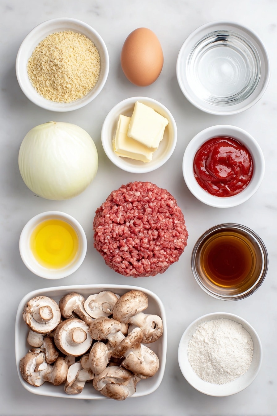 Flat lay of fresh ground beef formed into a round patty, a small mound of golden breadcrumbs, a small white bowl of bright red ketchup, a small white bowl of deep brown Worcestershire sauce, a small white bowl of vibrant yellow mustard powder, one whole brown egg with a clean shell, a small pat of creamy butter, a handful of fresh brown mushrooms, half a large white onion sliced into thin rings, a small white bowl of rich brown beef broth, a small white bowl of white cornstarch powder, a small white bowl of clear water, all arranged with perfect symmetry on a clean white ceramic surface, placed on a clean white marble surface, soft natural light, photo taken with an iPhone, professional food photography style, fresh ingredients, white ceramic bowls, no bottles, no duplicates, no utensils, no packaging --ar 2:3 --v 7 --p m7354615311229779997 - Crock Pot Salisbury Steak with Mushroom Gravy, easy crock pot recipes, hearty beef dinner, comfort food recipes, slow cooker steak and gravy