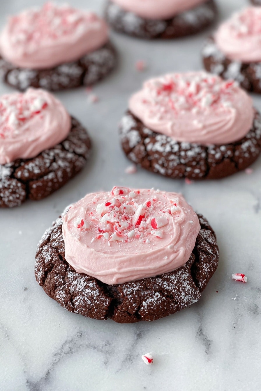 The image shows several round cookies arranged on a white marbled surface with crumpled white parchment paper underneath. Each cookie has a dark brown base dusted with white powdered sugar, topped with a thick layer of rich brown chocolate frosting. On top of the chocolate frosting is a layer of smooth, light pink frosting sprinkled with small crushed pieces of red and white candy canes. One cookie has a bite taken out of it. On the right side, a small white bowl holds additional crushed candy cane pieces, and nearby, two whole candy canes with red and white stripes lie on the surface. Photo taken with an iphone --ar 2:3 --v 7 - Chocolate Peppermint Crinkle Cookies, festive holiday cookies, peppermint chocolate cookies, crackled cookie recipe, easy holiday treats