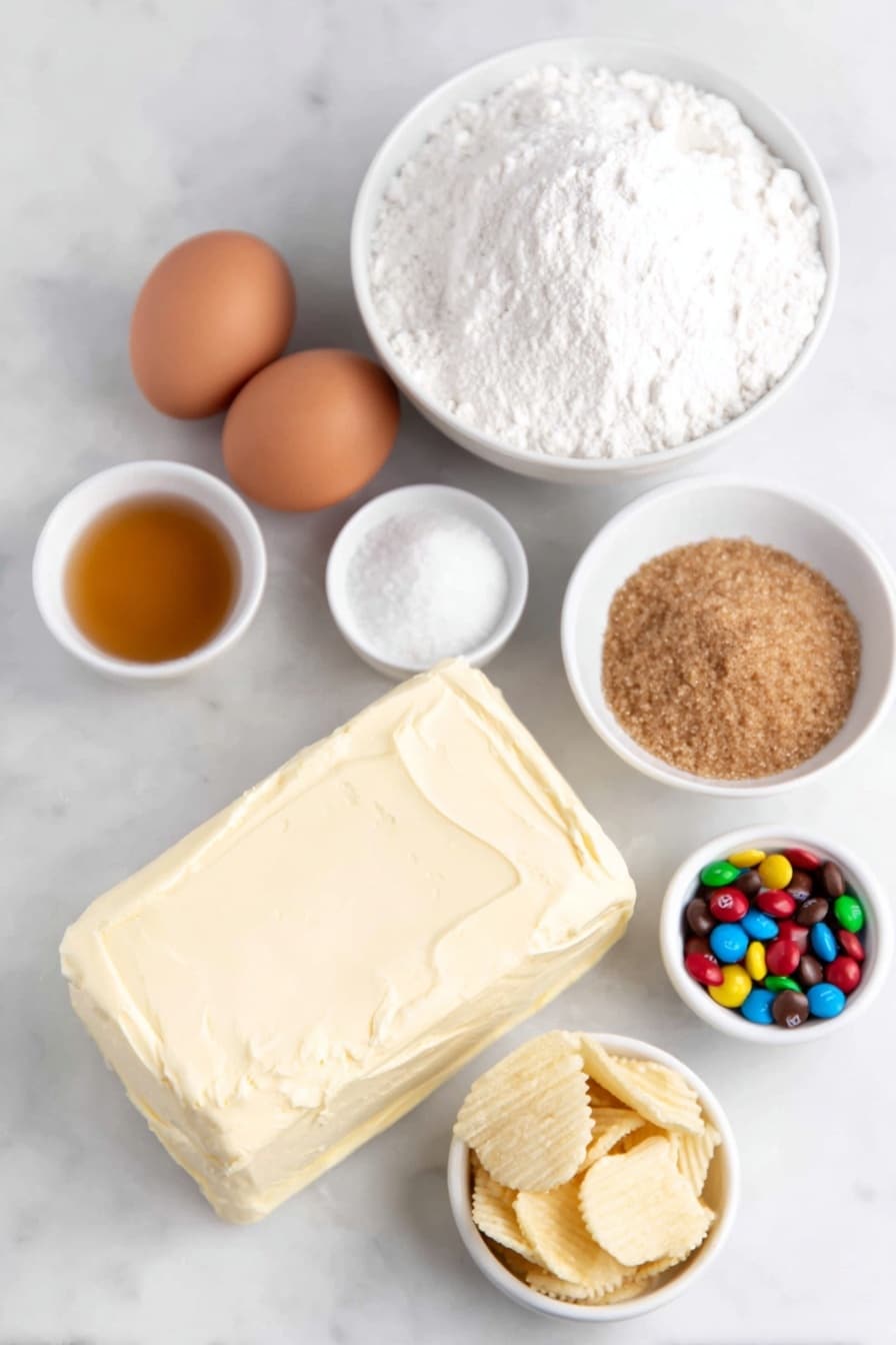 Flat lay of a large slab of creamy butter, two large whole brown eggs with clean shells, a small white bowl of golden packed brown sugar, another small white bowl filled with fine white granulated sugar, a small white bowl containing light amber vanilla extract, a small pile of fine white baking powder, a tiny heap of baking soda, a pinch of white salt crystals, a mound of all-purpose flour, a scattering of colorful m&m's, a small pile of peanut butter chips, a small pile of crinkled potato chips, a cluster of broken pretzel pieces, and a few flakes of coarse sea salt arranged artfully on simple white ceramic dishes, placed on a clean white marble surface, soft natural light, photo taken with an iPhone, professional food photography style, fresh ingredients, white ceramic bowls, no bottles, no duplicates, no utensils, no packaging --ar 2:3 --v 7 --p m7354615311229779997 - Santa's Mix-In Cookies, holiday cookie recipe, festive cookie ideas, fun cookie recipes, easy Christmas cookies