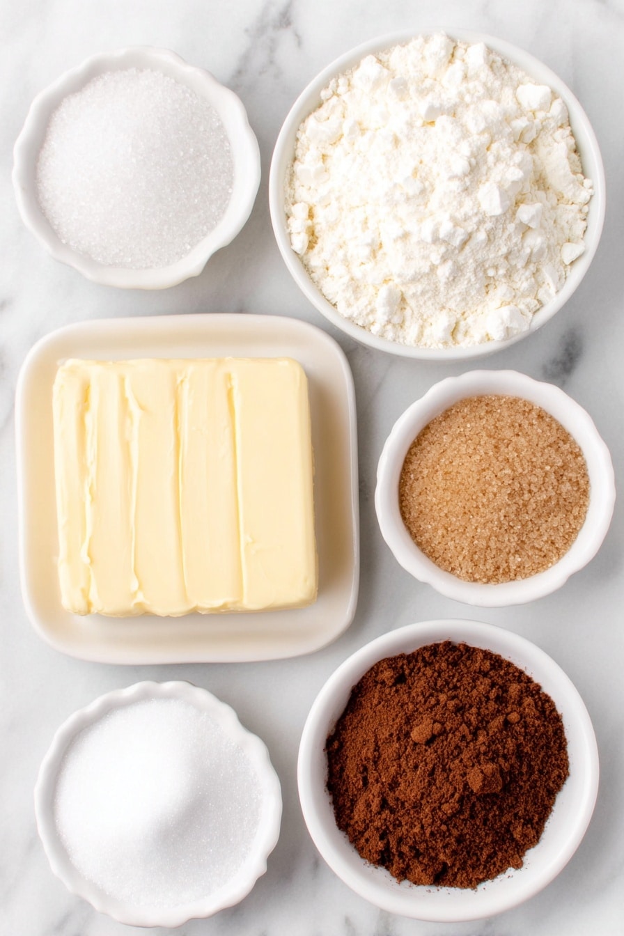 Flat lay of a large square of pale yellow butter, a small white ceramic bowl filled with white granulated sugar, a small white ceramic bowl holding light brown packed brown sugar, a tiny white ceramic bowl with fine light brown cinnamon powder, a tiny white ceramic bowl of finely ground nutmeg, a medium mound of white all-purpose flour, a small white ceramic bowl containing coarse white granulated sugar for sprinkling, a small white ceramic bowl with darker cinnamon powder for sprinkling, a pinch of fine white salt crystals arranged symmetrically placed on a clean white marble surface, soft natural light, photo taken with an iPhone, professional food photography style, fresh ingredients, white ceramic bowls, no bottles, no duplicates, no utensils, no packaging --ar 2:3 --v 7 --p m7354615311229779997 - Cinnamon Shortbread Cookies, Cinnamon Shortbread Cookies recipe, buttery shortbread cookies, easy cinnamon cookies, festive holiday cookies