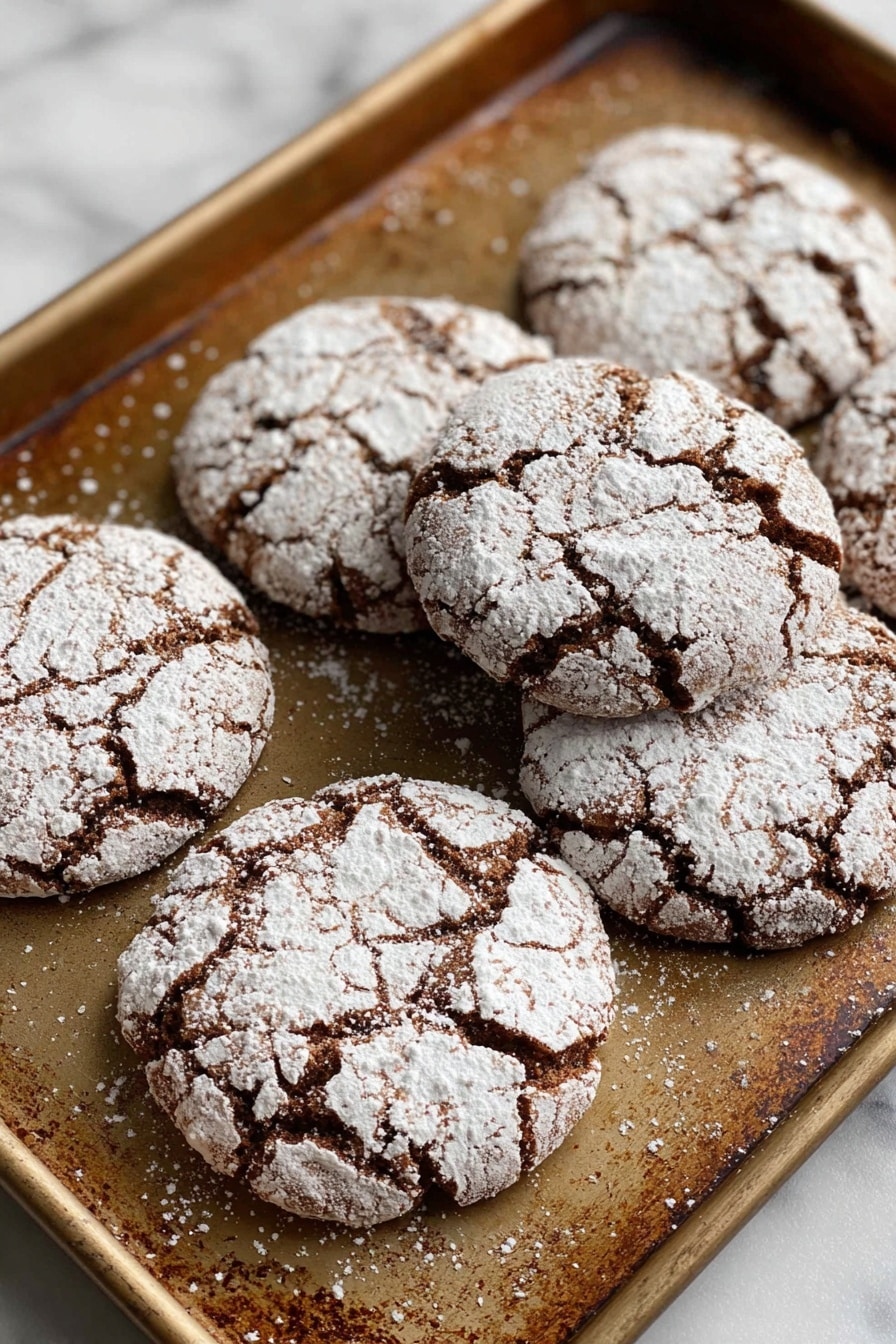 A close-up view of seven round cookies arranged in a cluster on a well-used metal baking tray, each cookie having a cracked surface showing a dark brown interior with a generous dusting of white powdered sugar in the cracks and on top. The cookies have a rough texture with slight uneven edges, and the baking tray has a warm bronze tone with visible bake marks. The tray rests on a white marbled surface. photo taken with an iphone --ar 2:3 --v 7 - Molasses Crinkle Cookies, chewy molasses cookies, spiced cookie recipe, crackle sugar cookies, easy holiday cookies